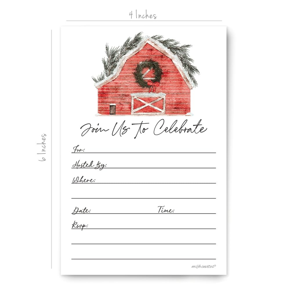 20 PCS Rustic Red Barn Christmas Invitations Watercolor Holiday Envelopes