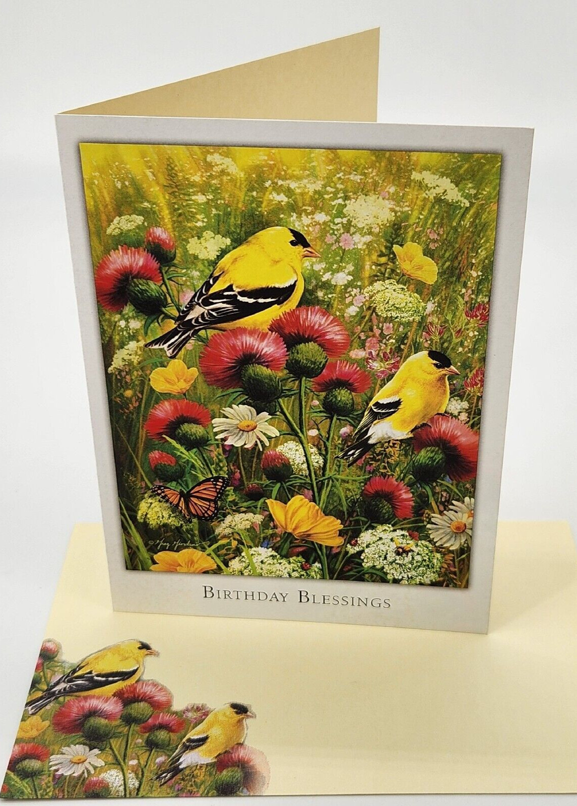Birthday Blessings Greeting Card YELLOW BIRDS FLOWERS+Envelop+Forever Stamp NOS