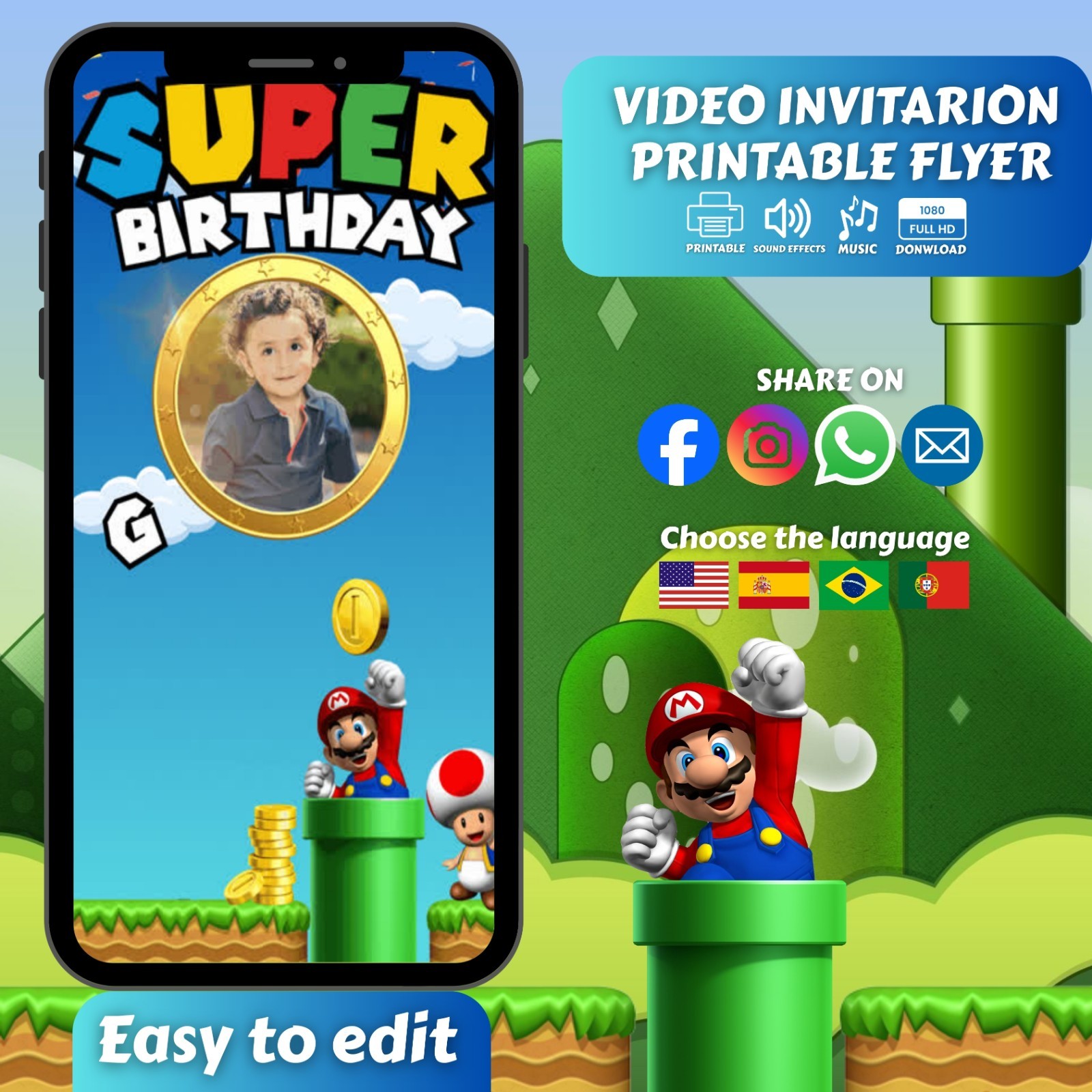 Super Mario Personalized Animated Birthday Invitation DIGITAL