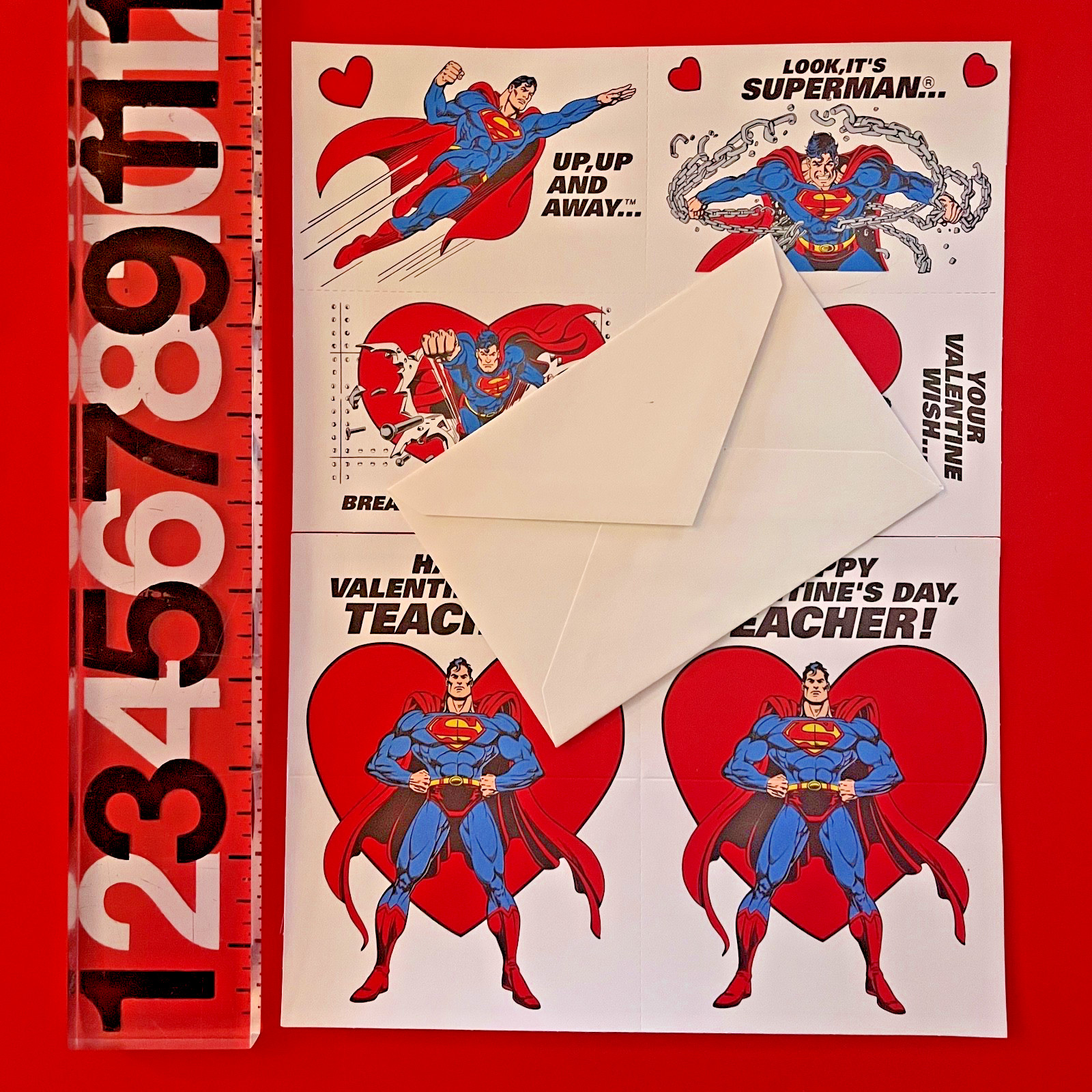 (4) sheets SUPERMAN valentine greetings–VINTAGE 1992–made USA–DC comics–NEW