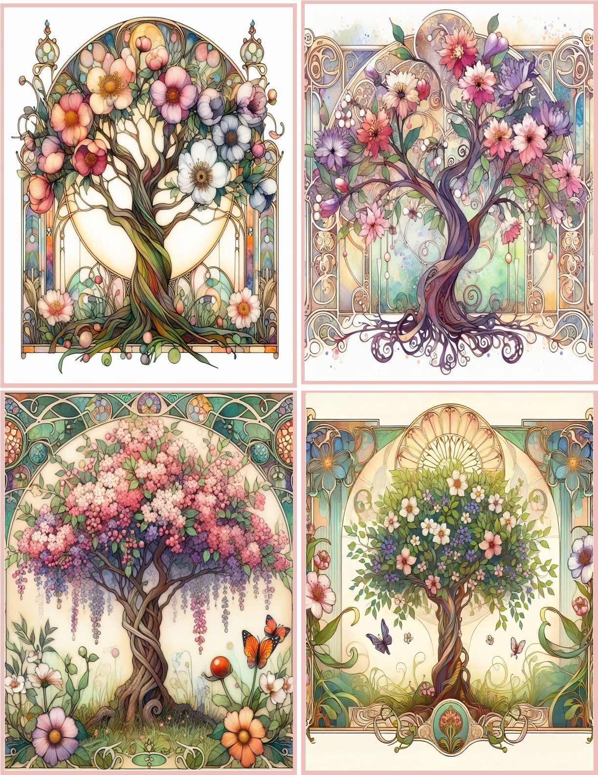 8 Art Nouveau art Deco Trees Flowers glossy blank fold out Note Card envelopes