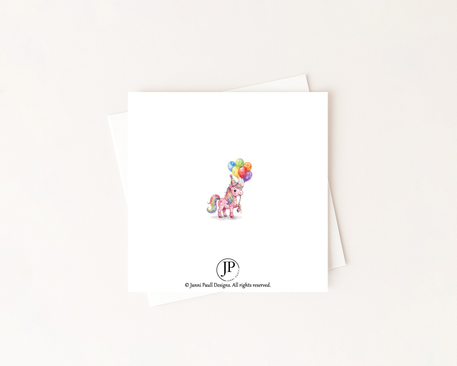 Whimsical Birthday Card, Pink Patchwork Pony with Balloons, 5.25″ x 5.25″