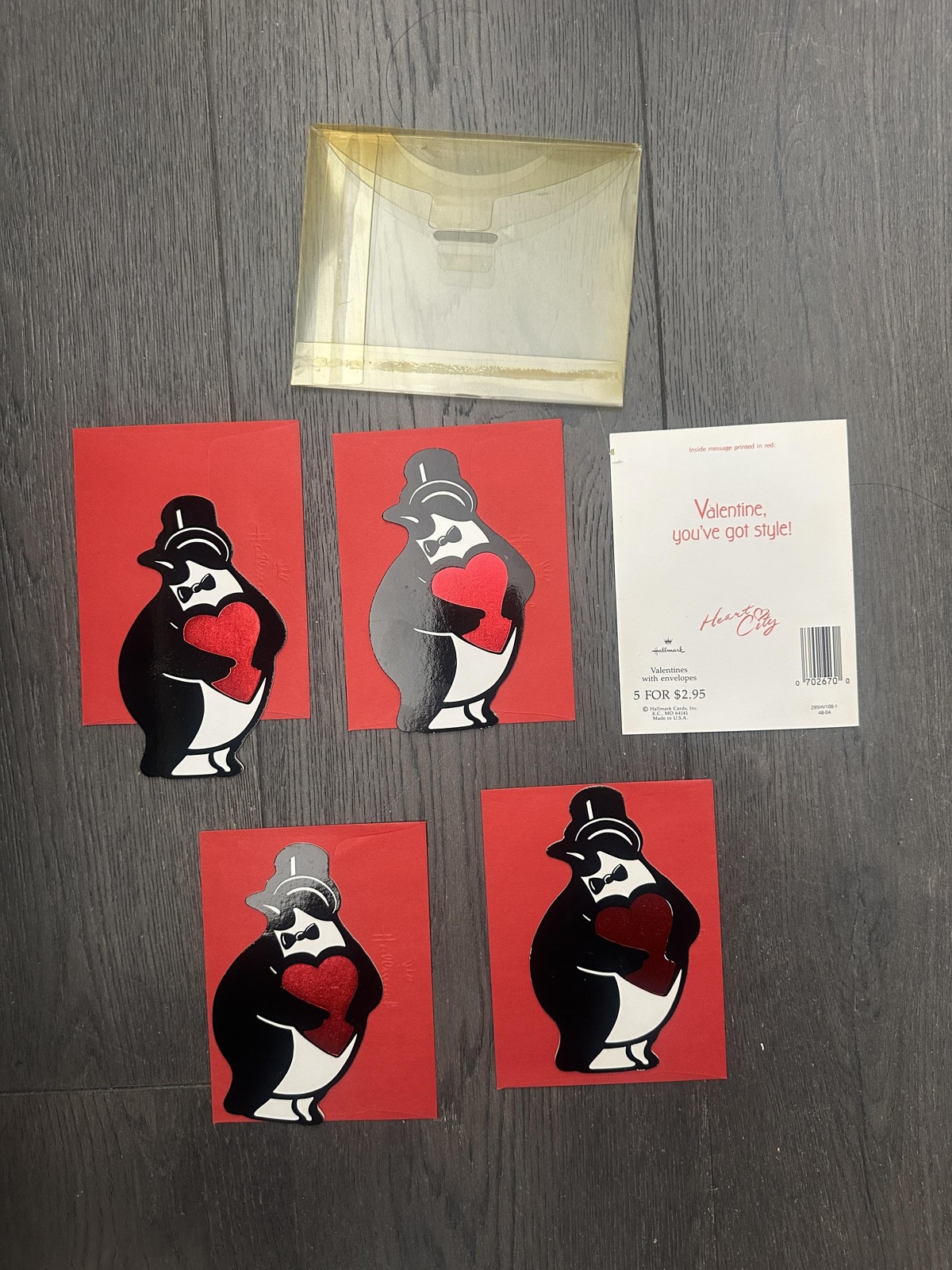 VTG 1980s Hallmark Heart City Penguin Valentines 4 Cards Envelopes Red Die Cut