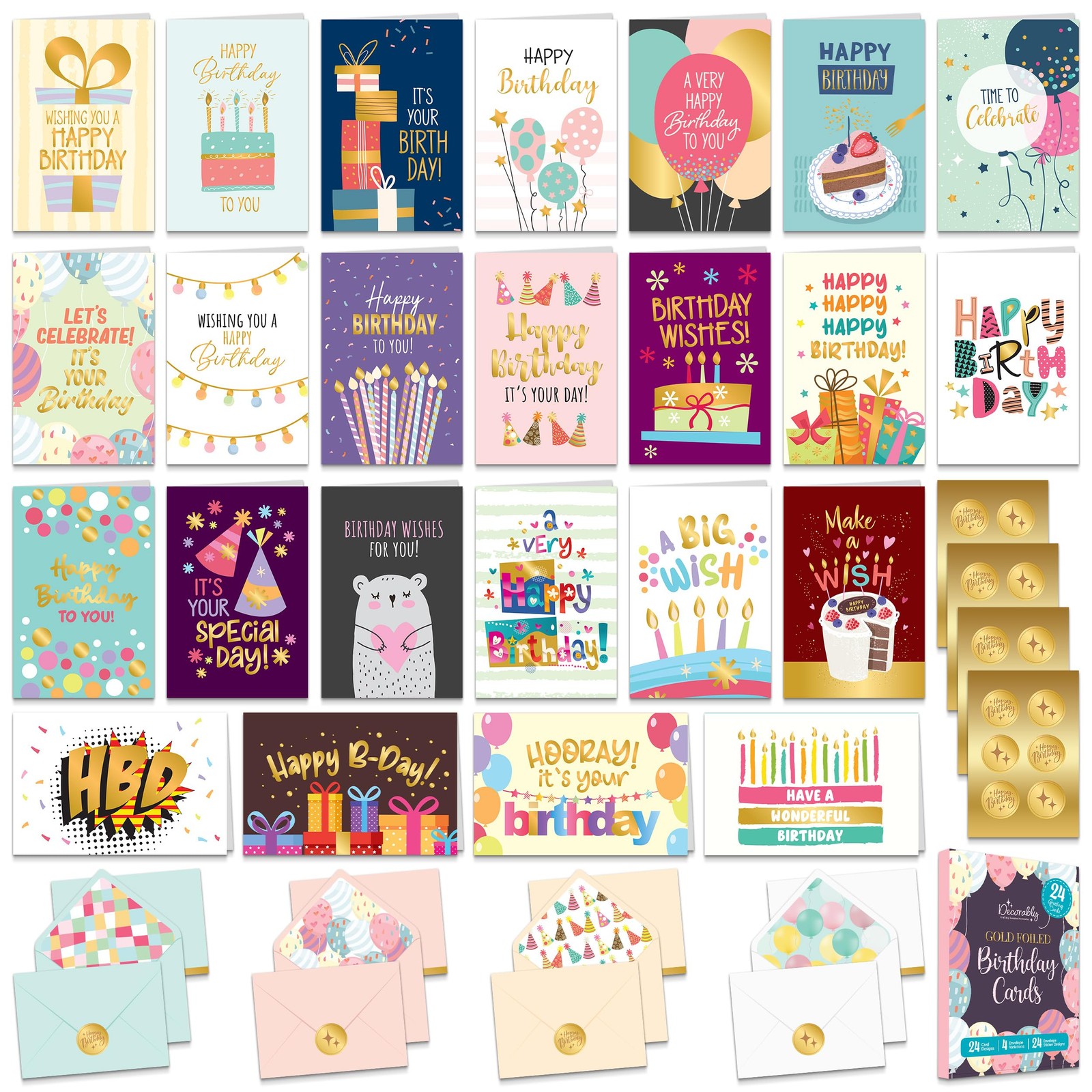 Decorably 24 Pack Gold 4 x 6 inches, pink, purple, yellow, orange, green