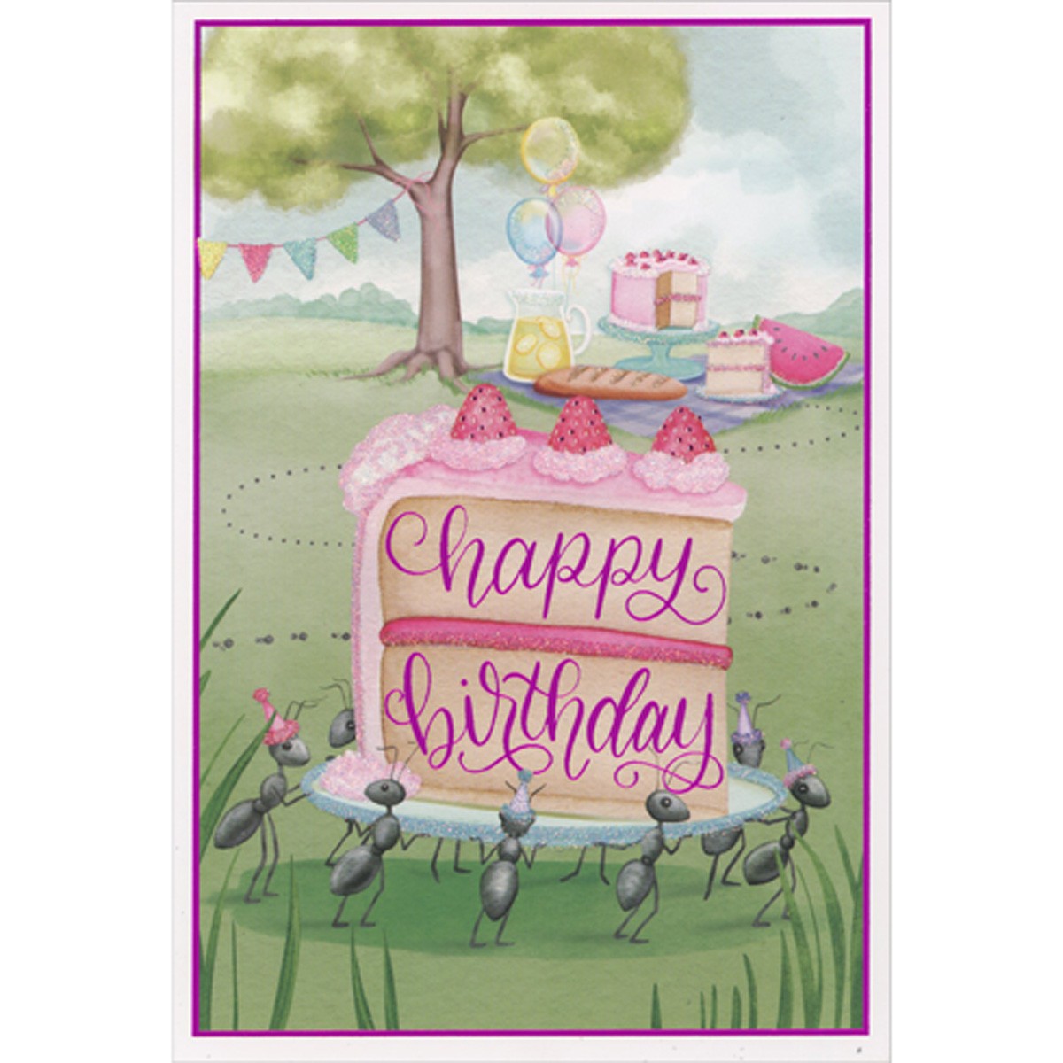 Pictura Ants Carrying Strawberry Topped Birthday Cake from Picnic Birthday Card
