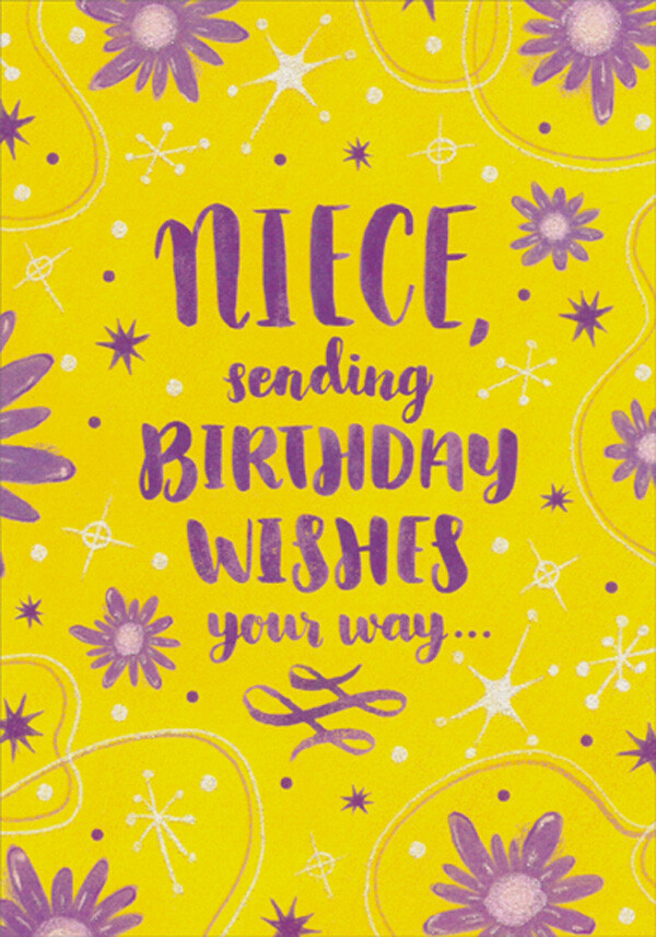 Purple Flowers and Glitter Bursts on Yellow Birthday Card for Teenage Niece