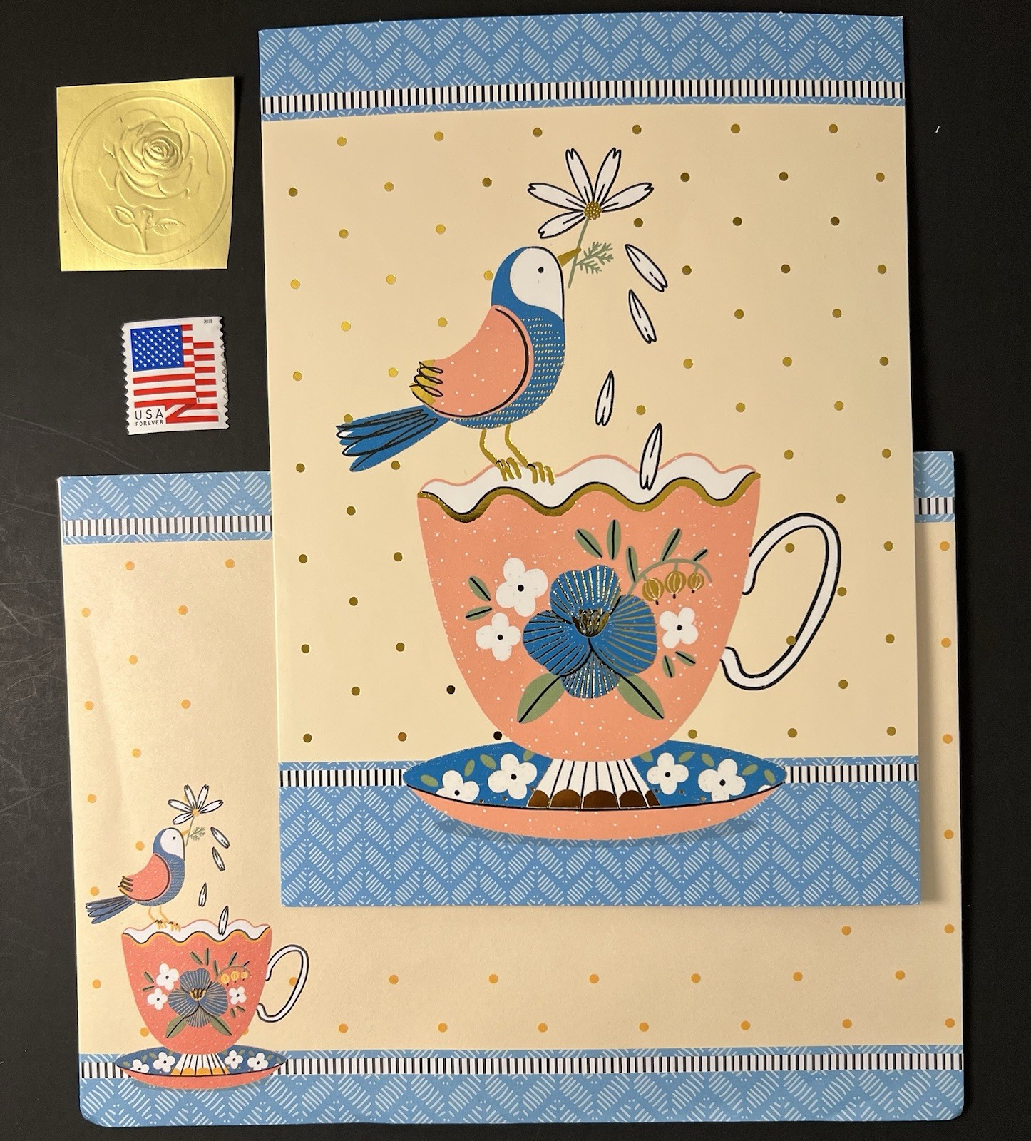 Bird & Teacup BLANK Greeting Card w/Env/Gold Seal/Stamp BN Gold Foil Coral &Blue