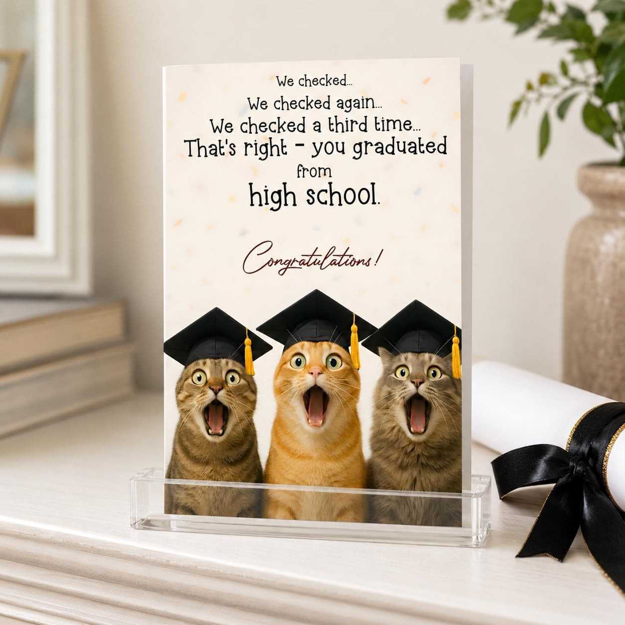 High School Graduation Card, Funny Cat Folded 5X7 Card with Envelope | Perfect f