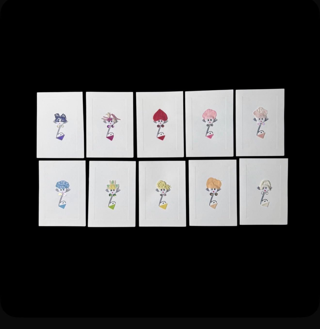 Set of 10 Greeting Cards, Handcrafted Fancy Hat Button Ladies w/ Envelopes