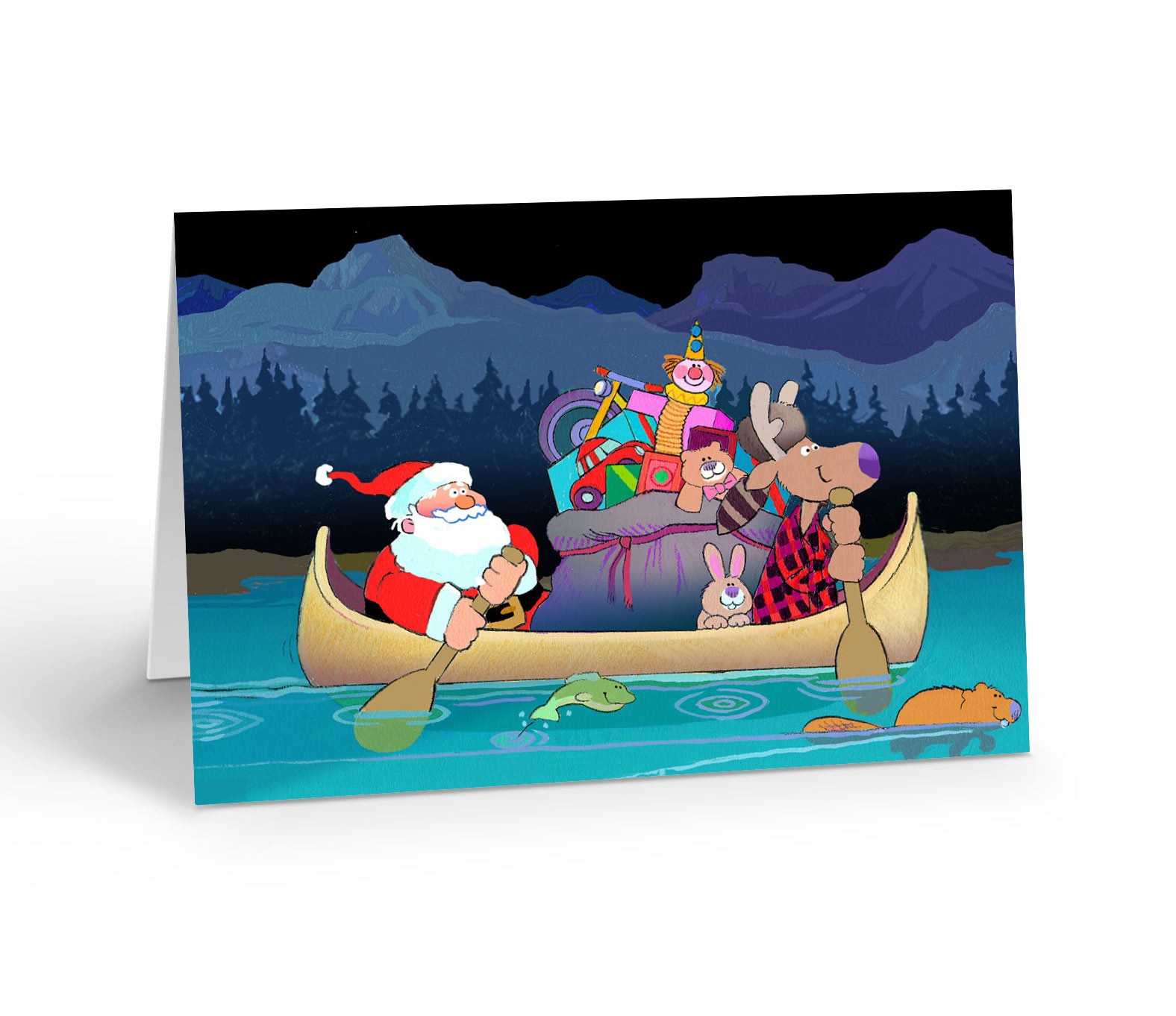 Santa Rowing a Canoe with Reindeer – 12-Pack w/Envelopes – A6 Size 6.25″ x 4.5″