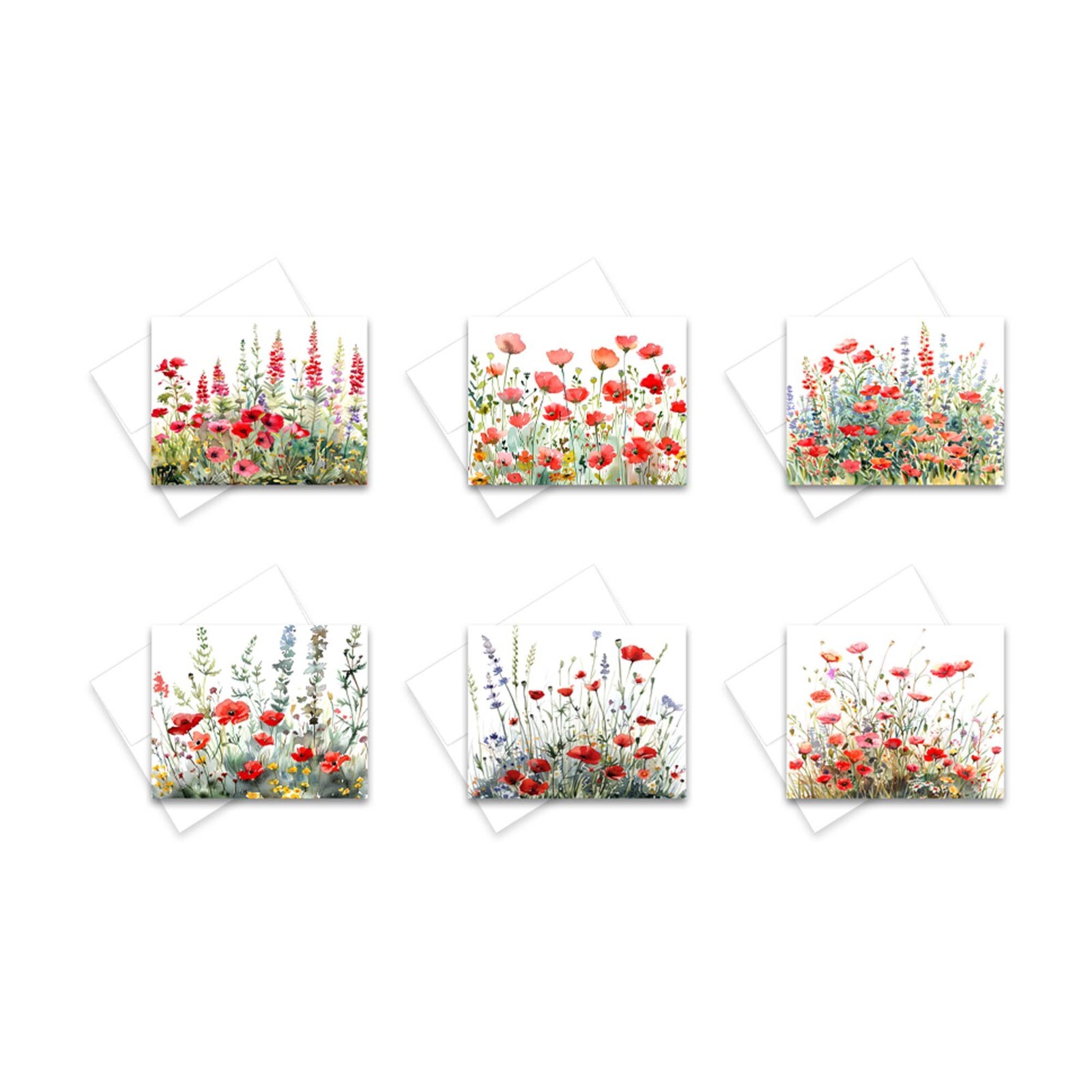 12 All Occasion Note Cards Blank with Envelopes – RED WILDFLOWERS ( 2 of Each )