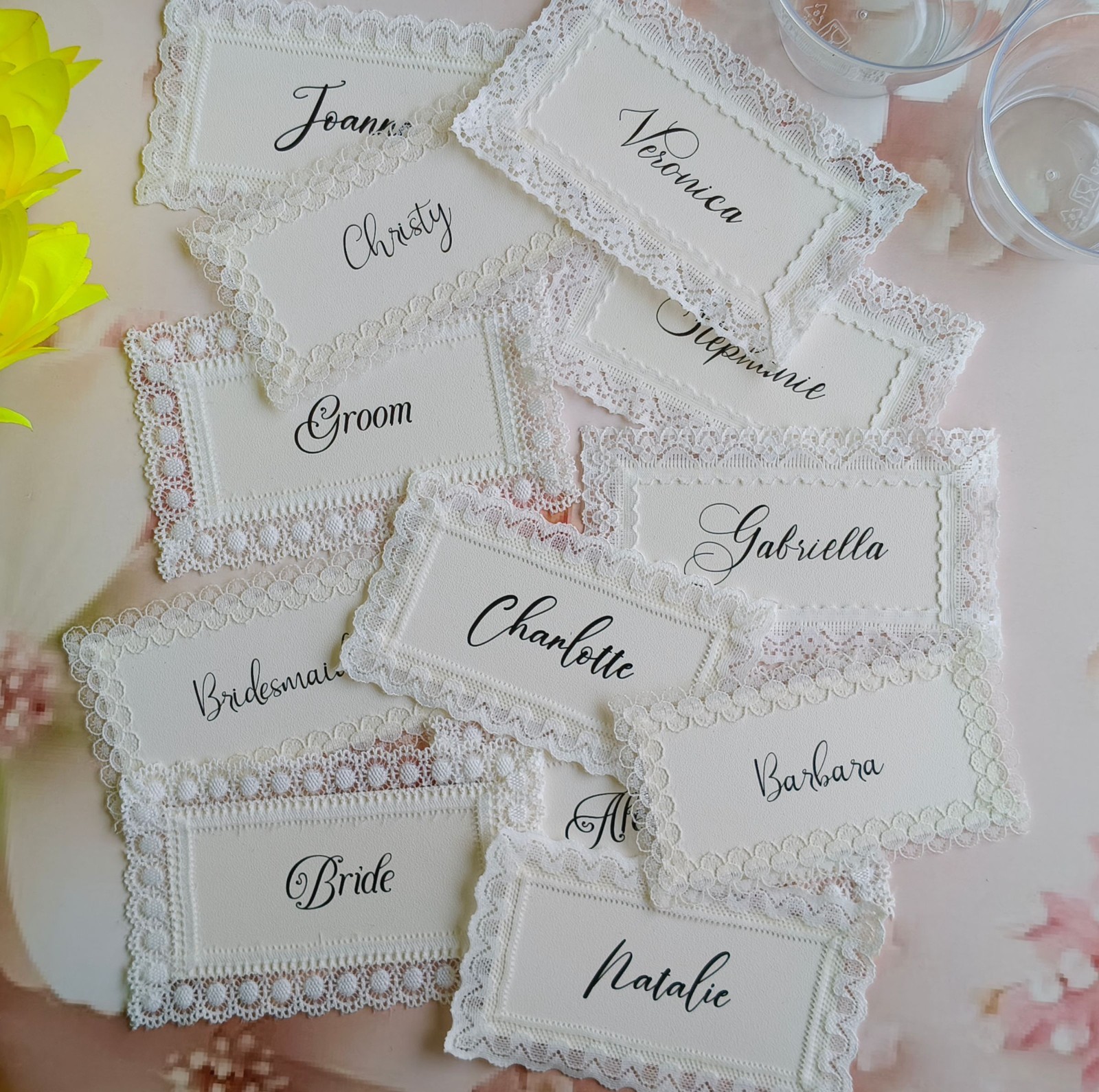 Lace Place Cards with Calligraphy Names | Elegant Wedding Bridal Table Decor