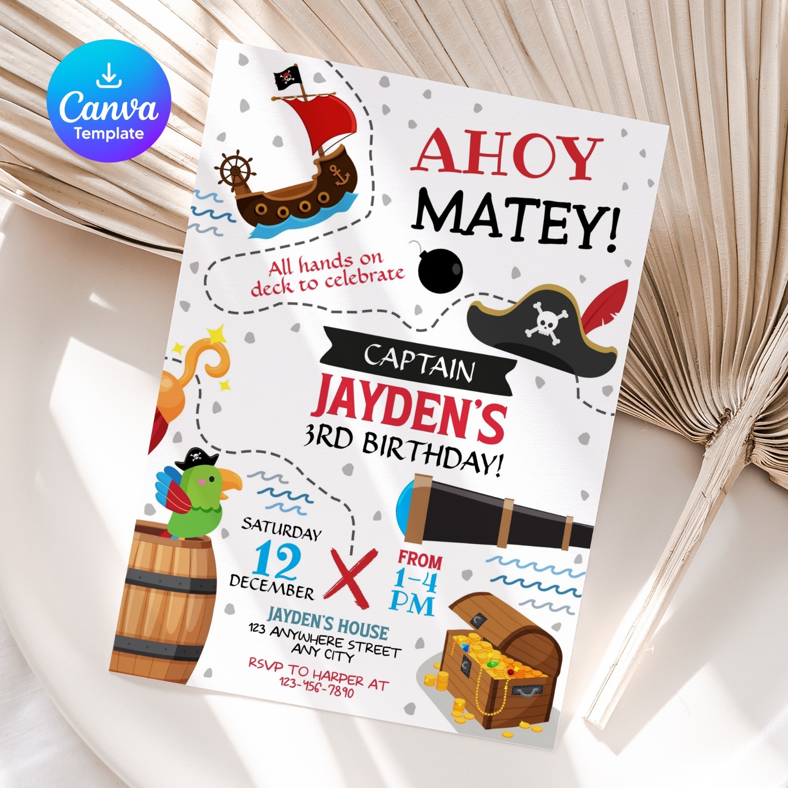 Pirate Birthday Invitation Editable Canva Template Any Age Boy Party Invite