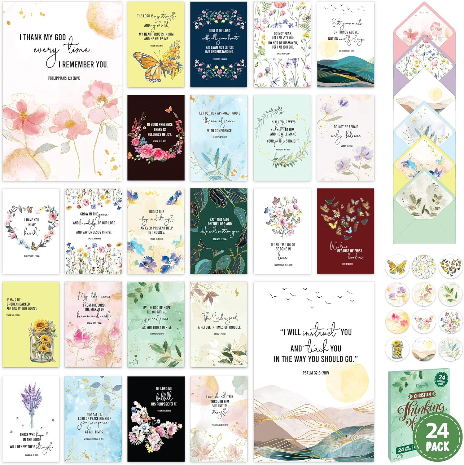 24 Pack Gold Foil 4x6in Assorted Christian Thinking of You Cards Religious with