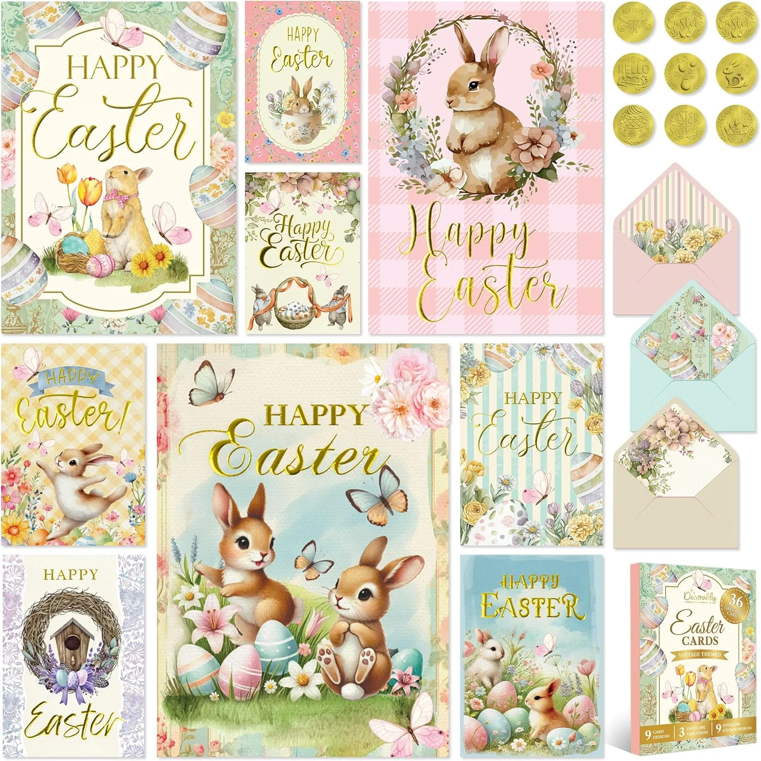 Decorably 36 Pack Gold Foil-Embossed 4x6in Vintage Bulk Easter Cards with Envelo