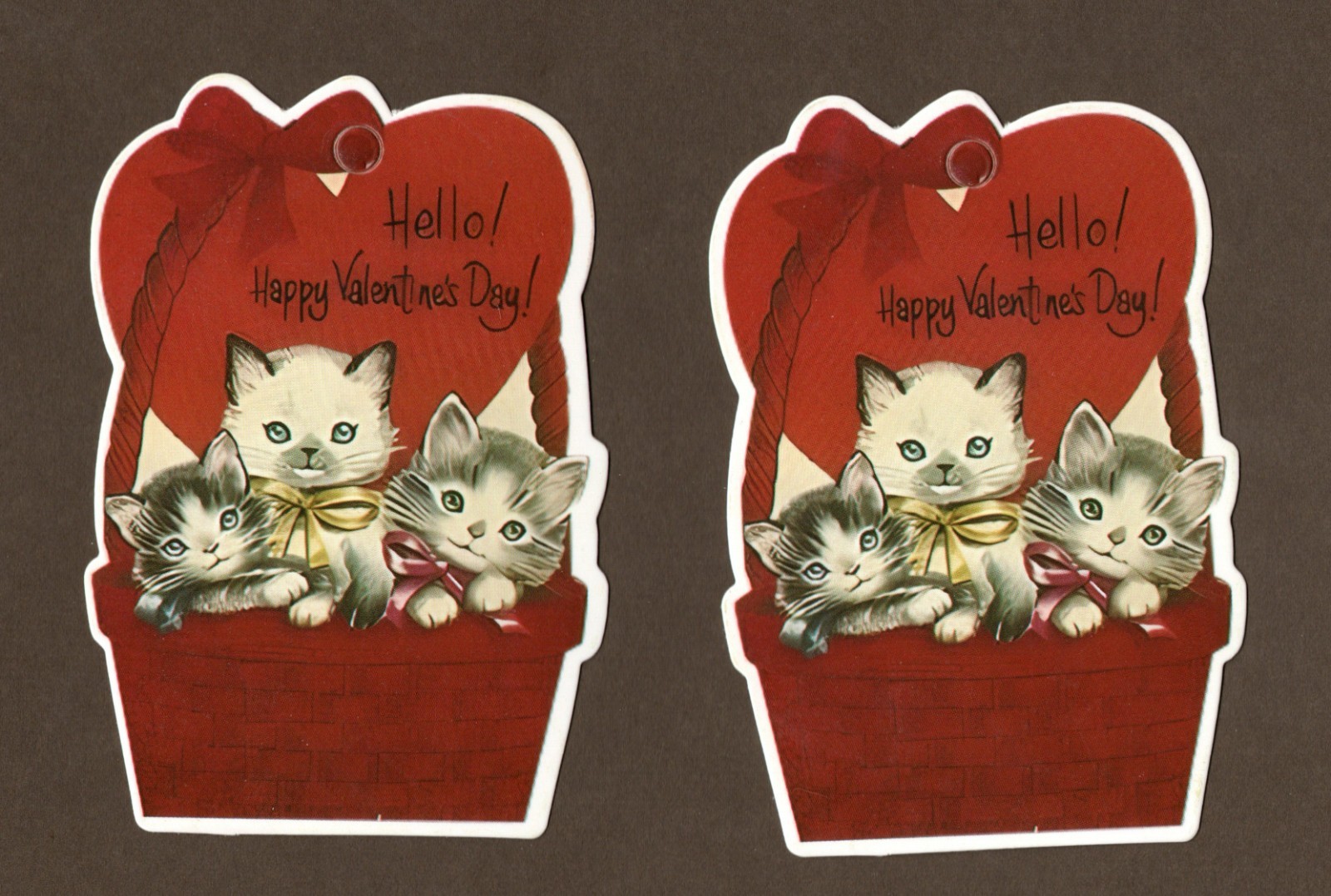 Set of 2 Retro Valentine’s Day Cards or Ornaments, Kitty Cats/Kittens Hello!