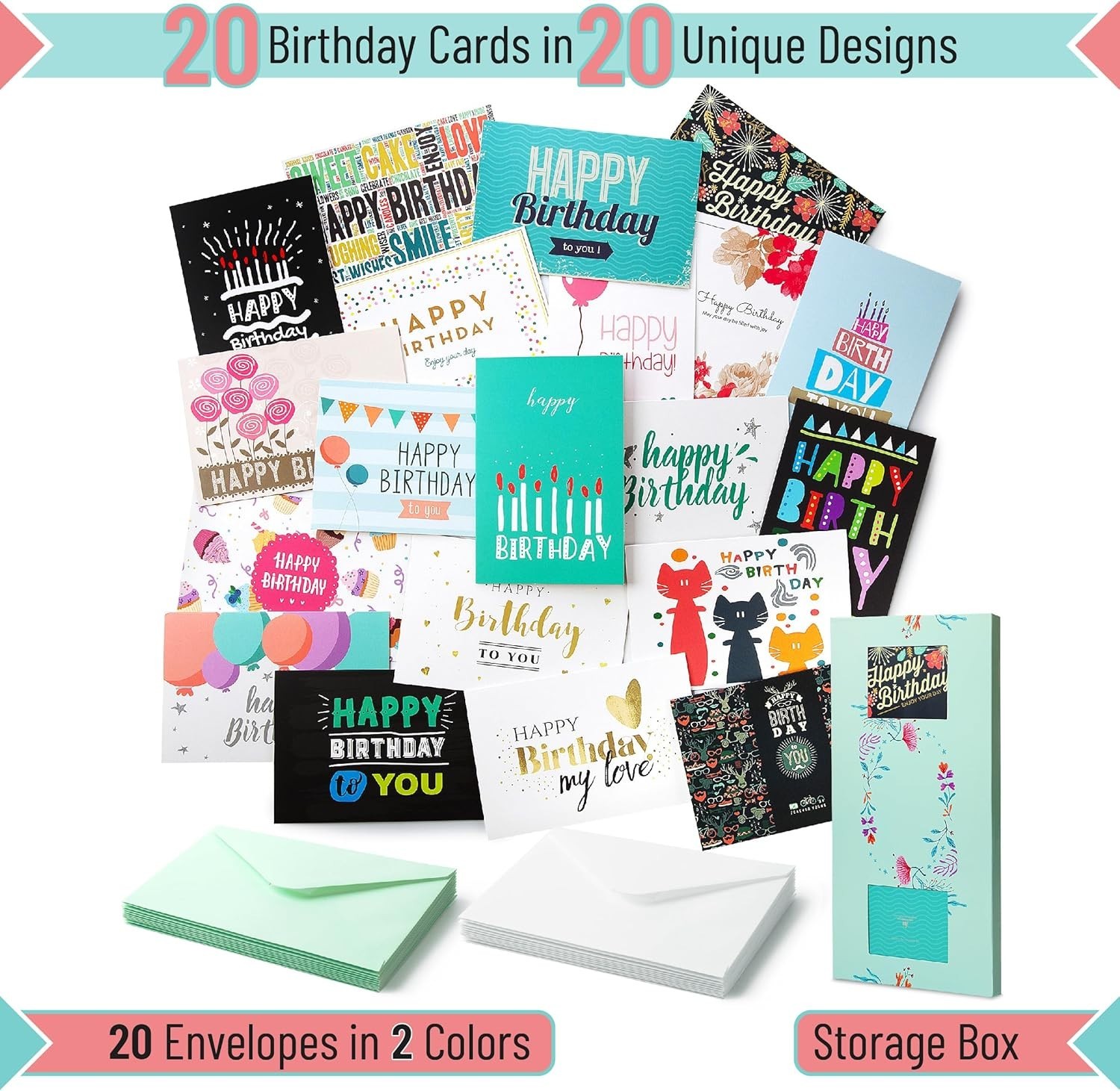 Mr. Pen Assorted Color Birthday Cards, 20 Pack, 4 x 6 Inches, Blank Inside, Incl