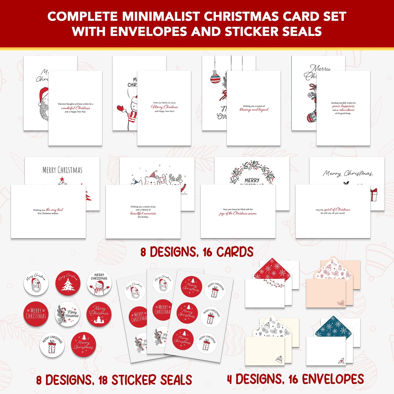 Decorably 16 Pack Minimalist Assorted Christmas Cards With Envelopes and Stic…