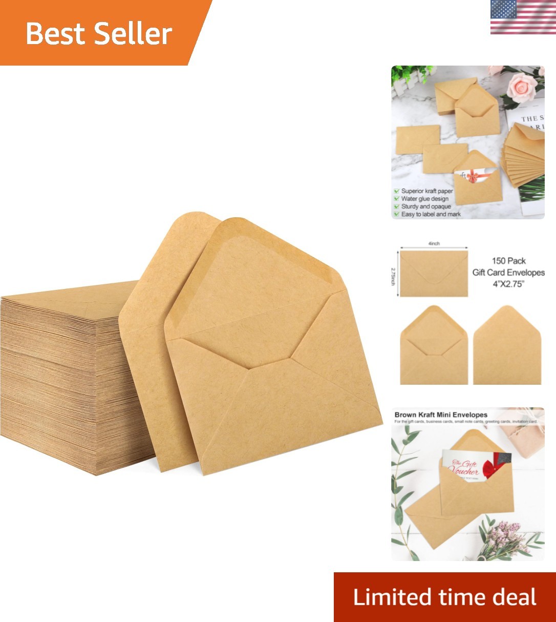 150 Pack Gift Card Envelopes, 4″ x 2.75″ Mini Envelopes, Brown Kraft Business…