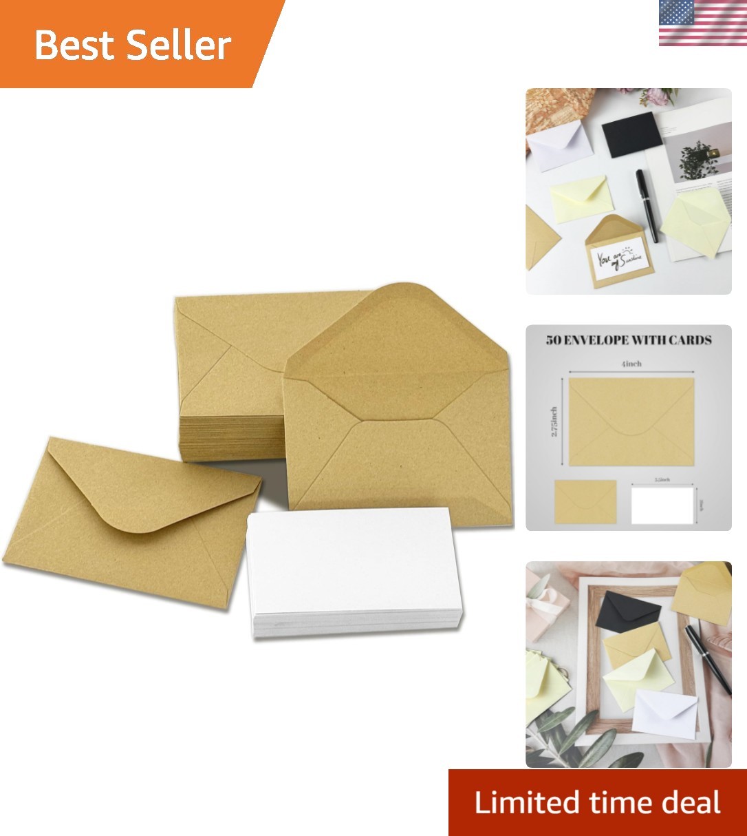 50 Packs of Gift Card Envelopes with Blank Cards 4×2.75 Kraft Mini Envelope B…