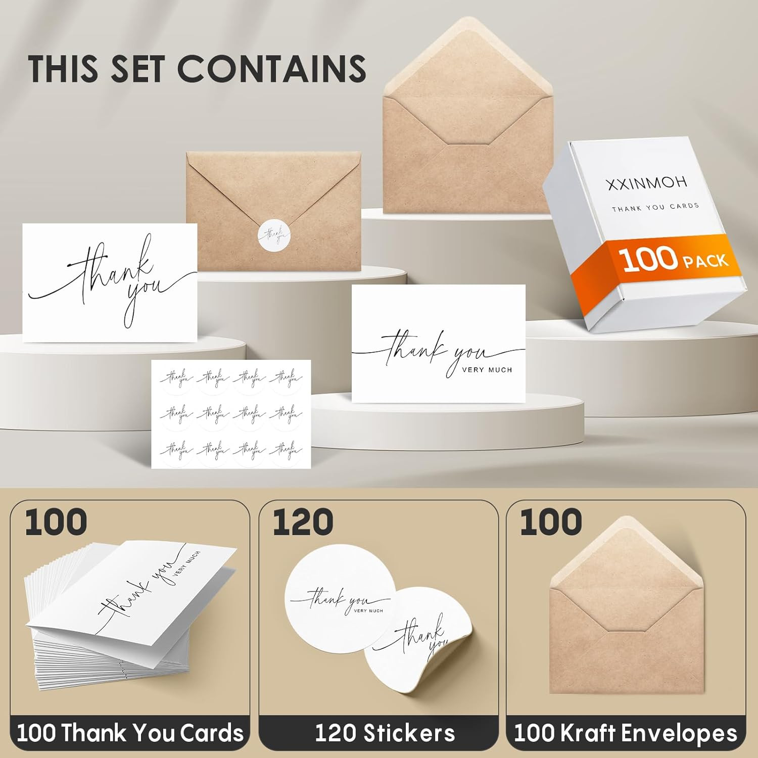 100 PACK Thank You Cards Bulk with Kraft Envelopes and Matching Stickers, 4X6 In