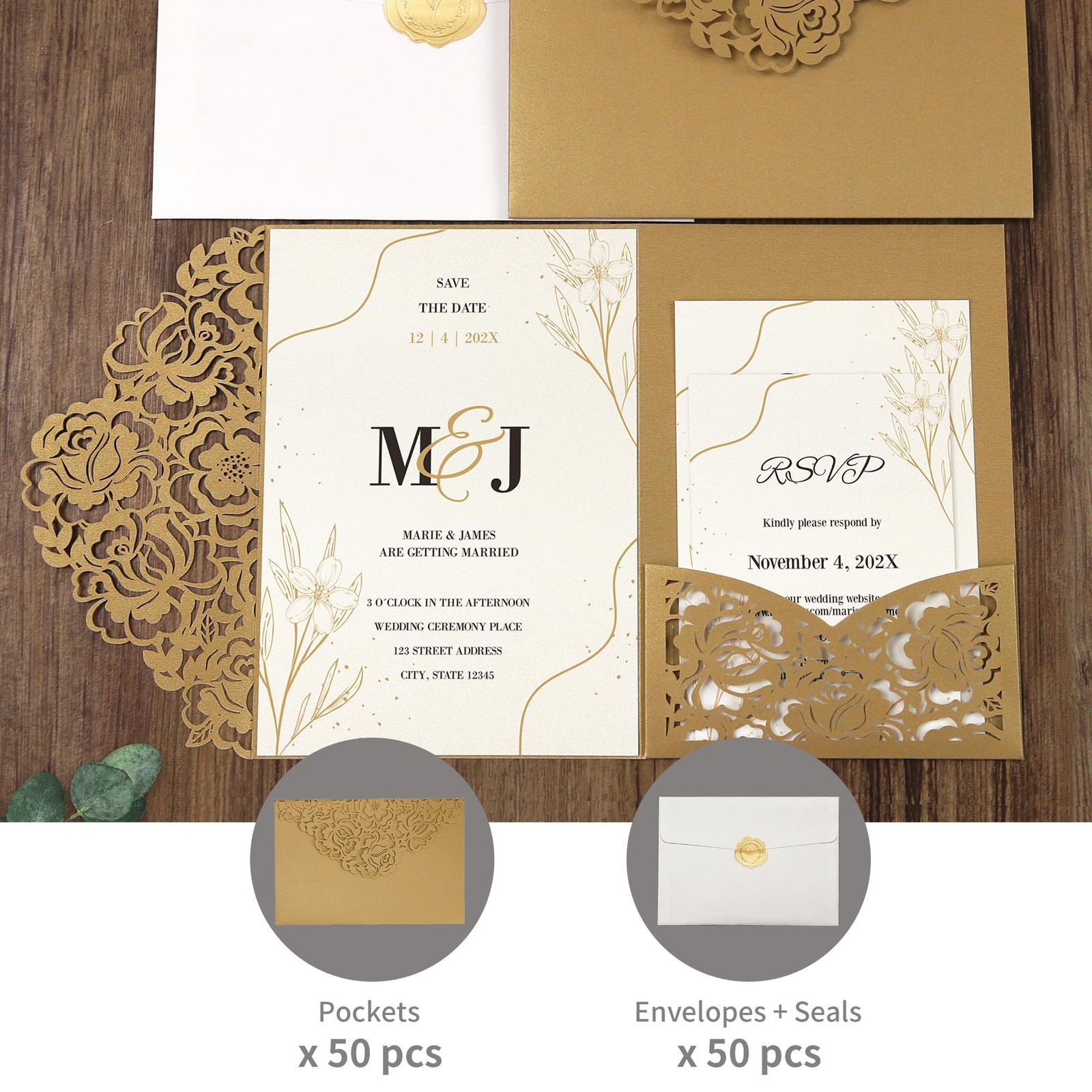 50 PCS Laser Cut Wedding Invitation Pockets Envelopes Gold 5×7 Inch Cards