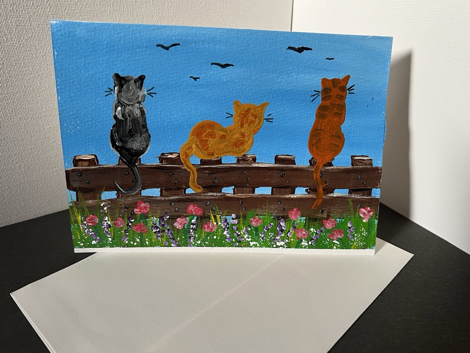 Framable Hand Painted Blank Greeting Card 5×7” w/Envelope Sitting Cats On Fence