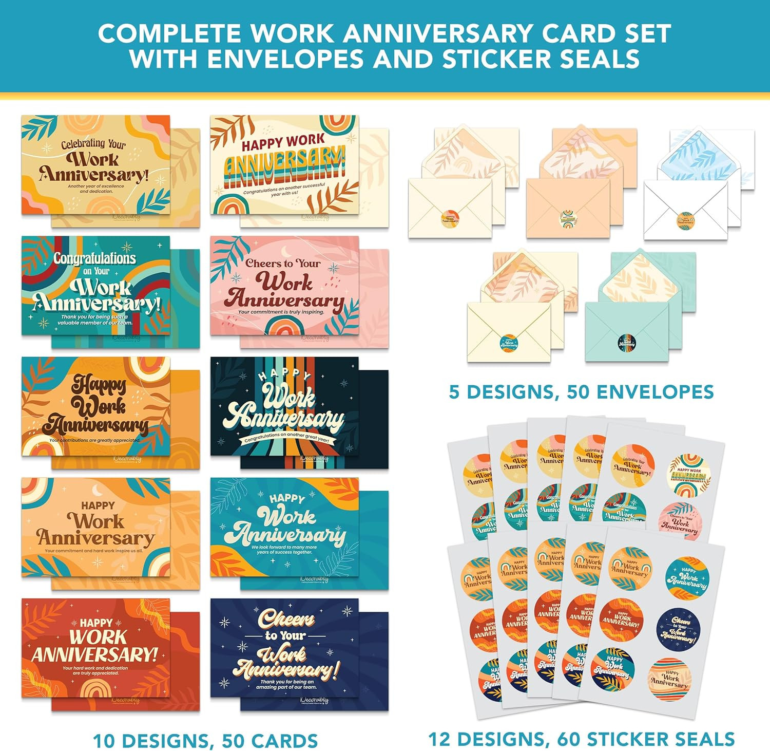 50 Pack 6X4In Happy Work Anniversary Cards Employees Bulk Envelopes Stickers 10