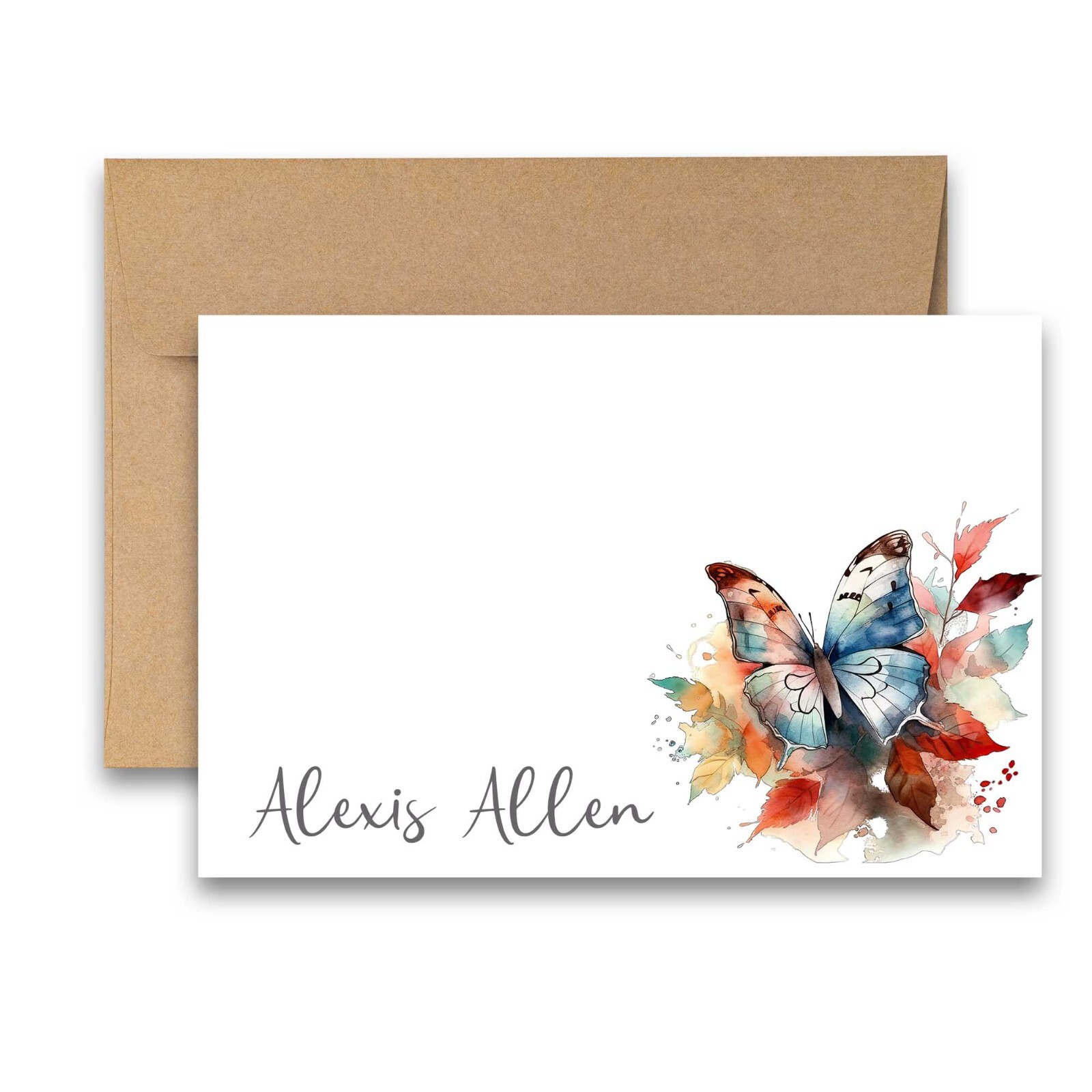 PERSONALIZED – 12 Flat Note card, Floral Stationery with Envelopes – Butterfly