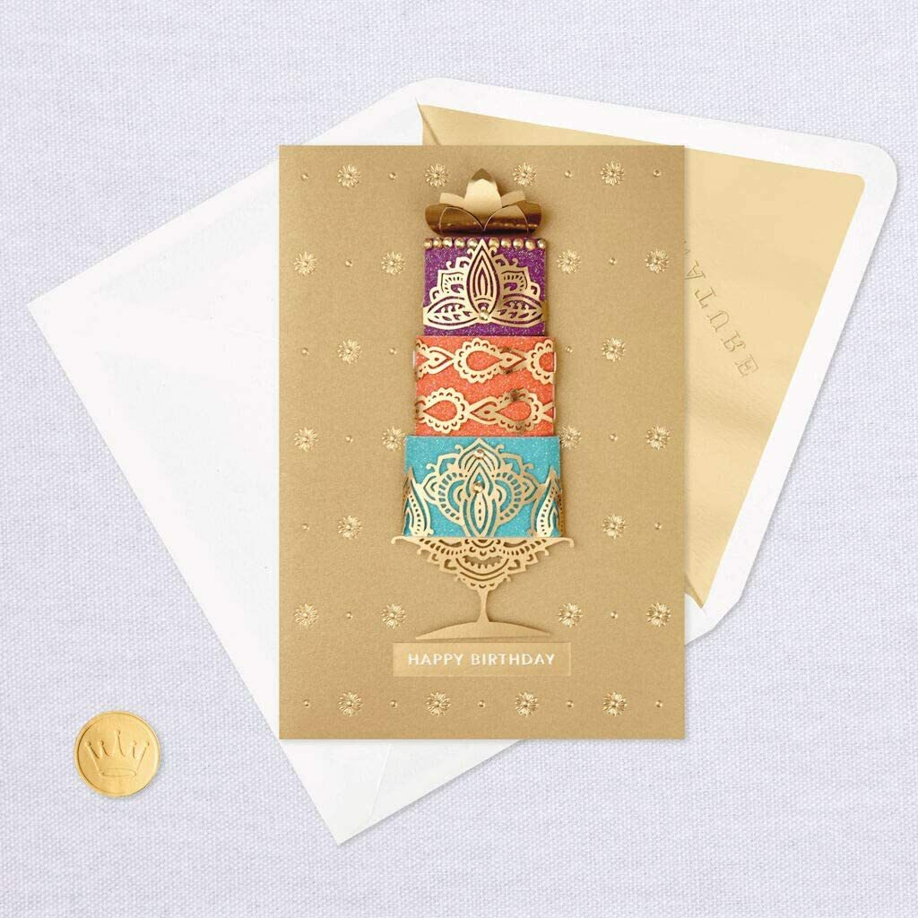 Hallmark Birthday Card by Signature ~ 3D Paper Art Gold Henna Layer Cake