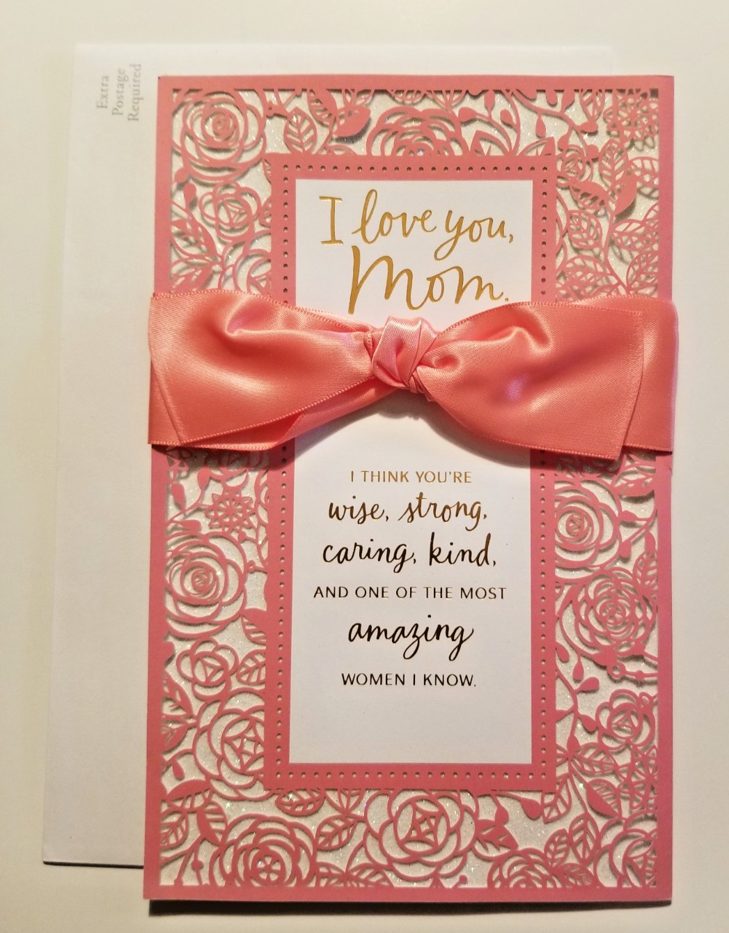 I Love You MOM Card Pink Dimensional Ribbon Ffloral Sparkle Any Occassion