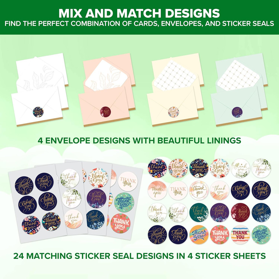 24 Pack Glittery 6X4In Assorted Thank You Cards with Envelopes and Stickers, 24