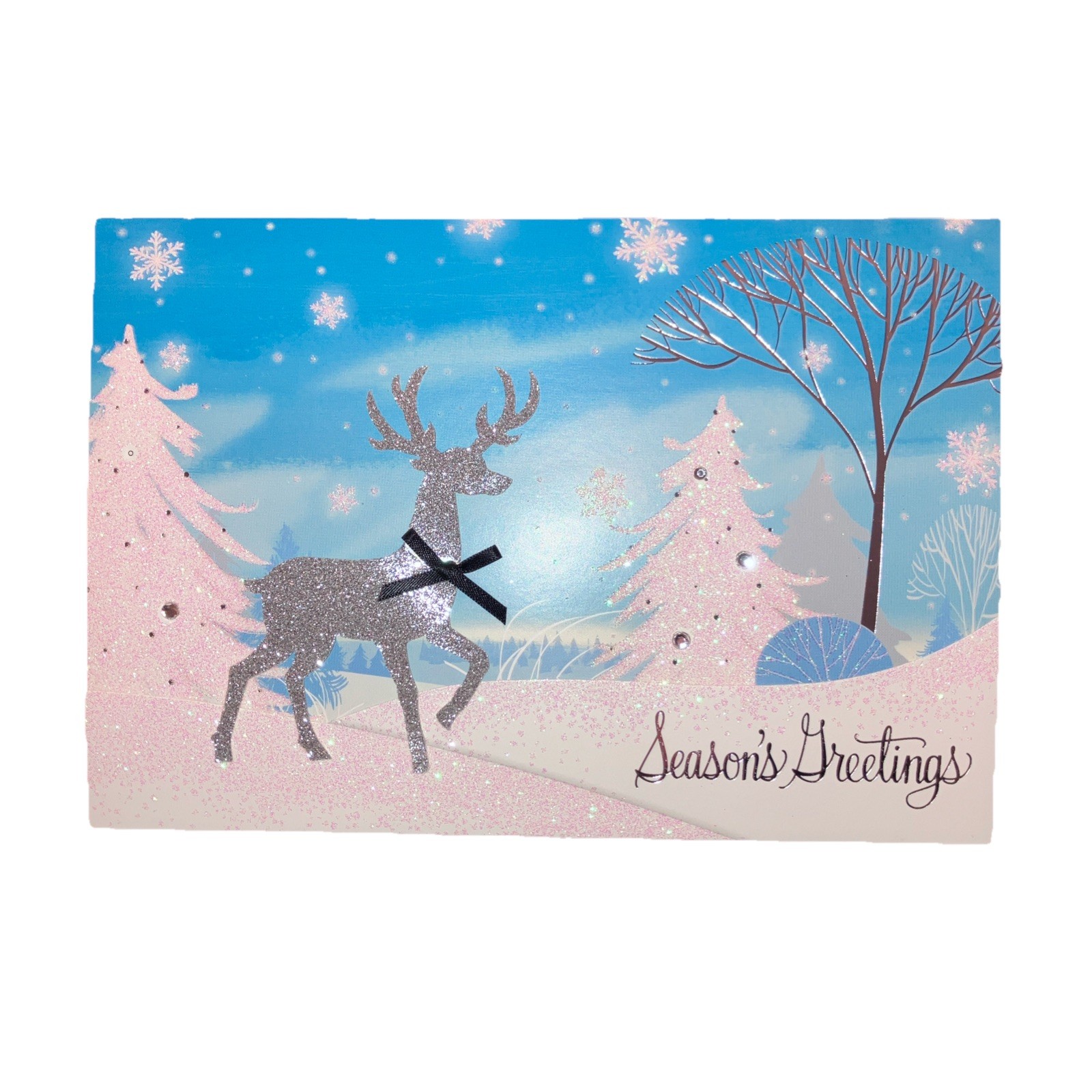 3-D Hallmark Christmas Holiday Cards Envelopes Silver Reindeer Tree Snow New