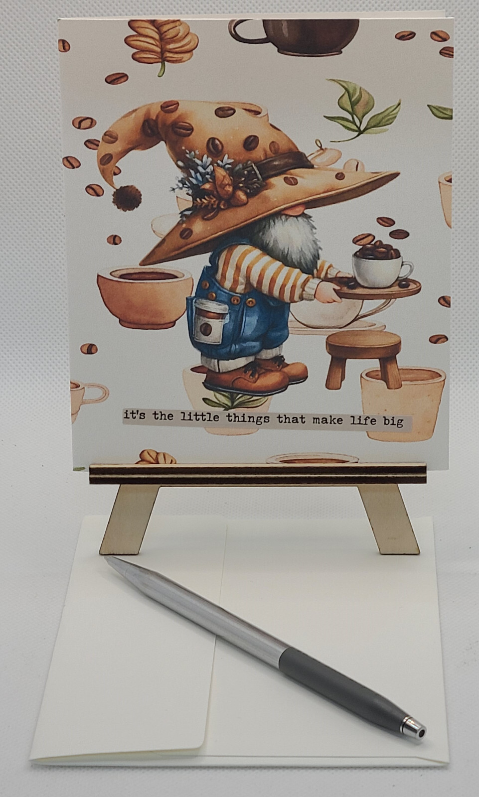 The little things gnome w/coffee unusual handmade card with envelope Made in USA