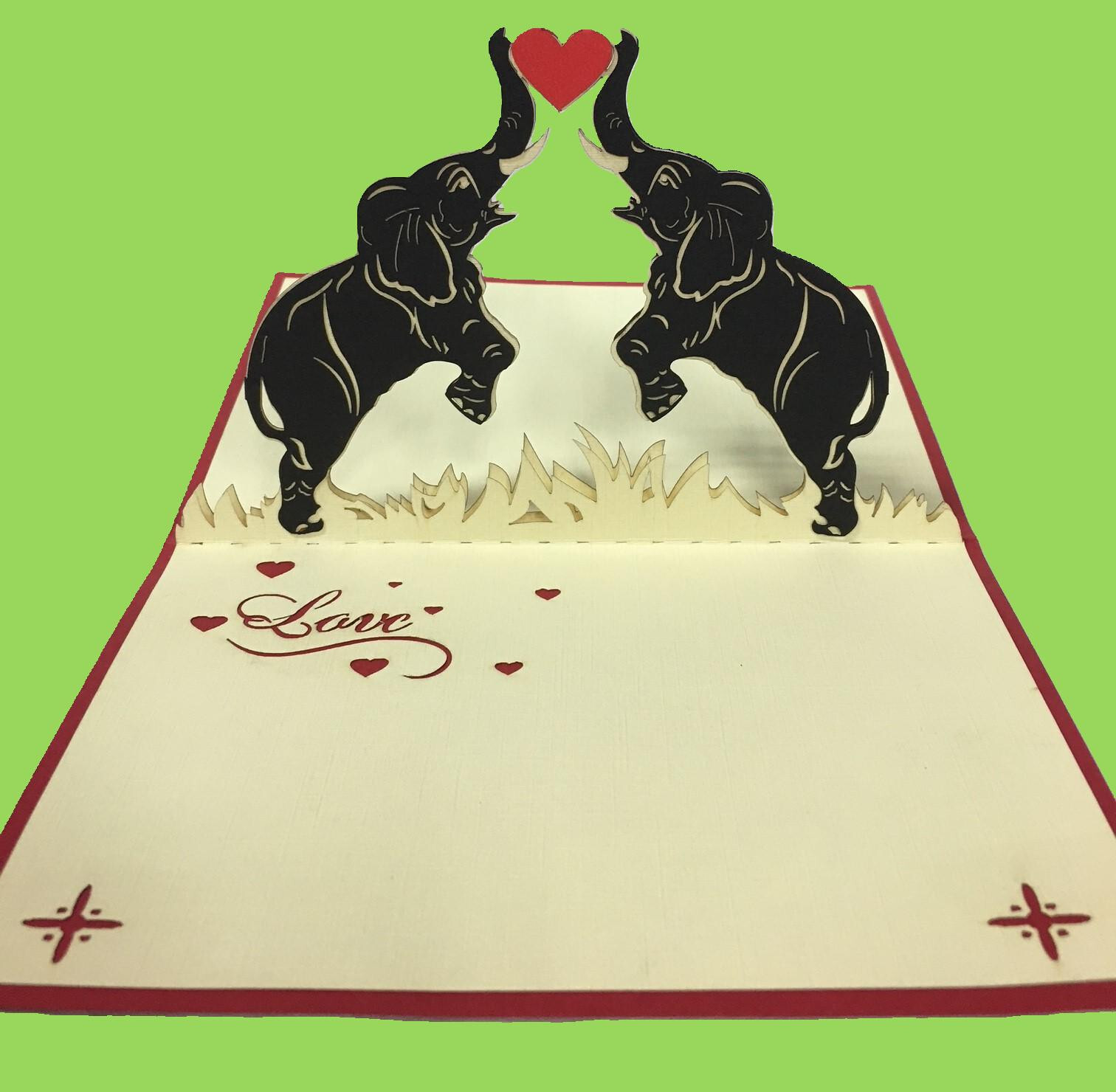 3D Pop-Up Greeting Card Handcrafted Elephants Love Heart Wedding Aniversery