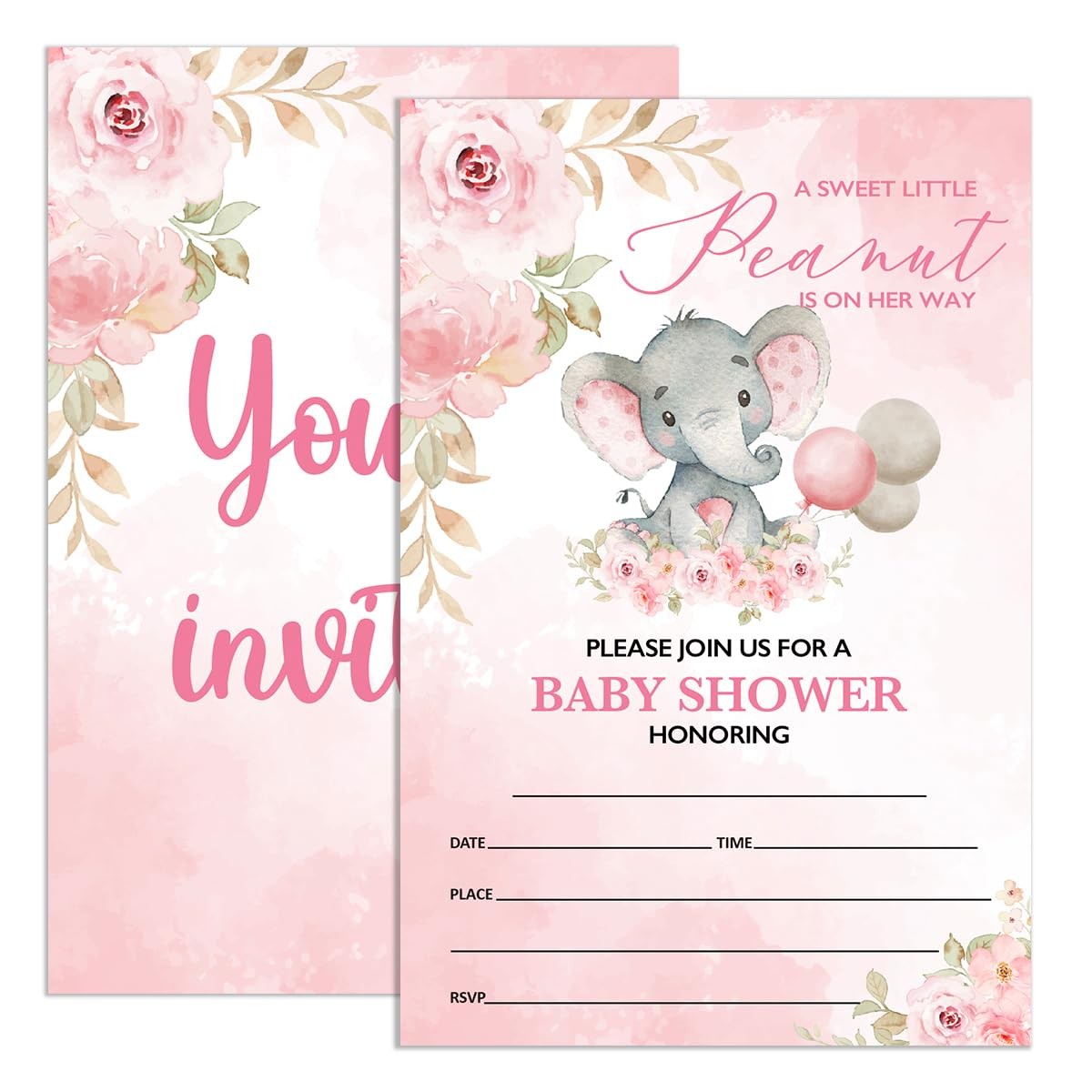 20 PCS 4×6 Inch Baby Shower Invitations Girl Rose Elephant Blush Pink Floral