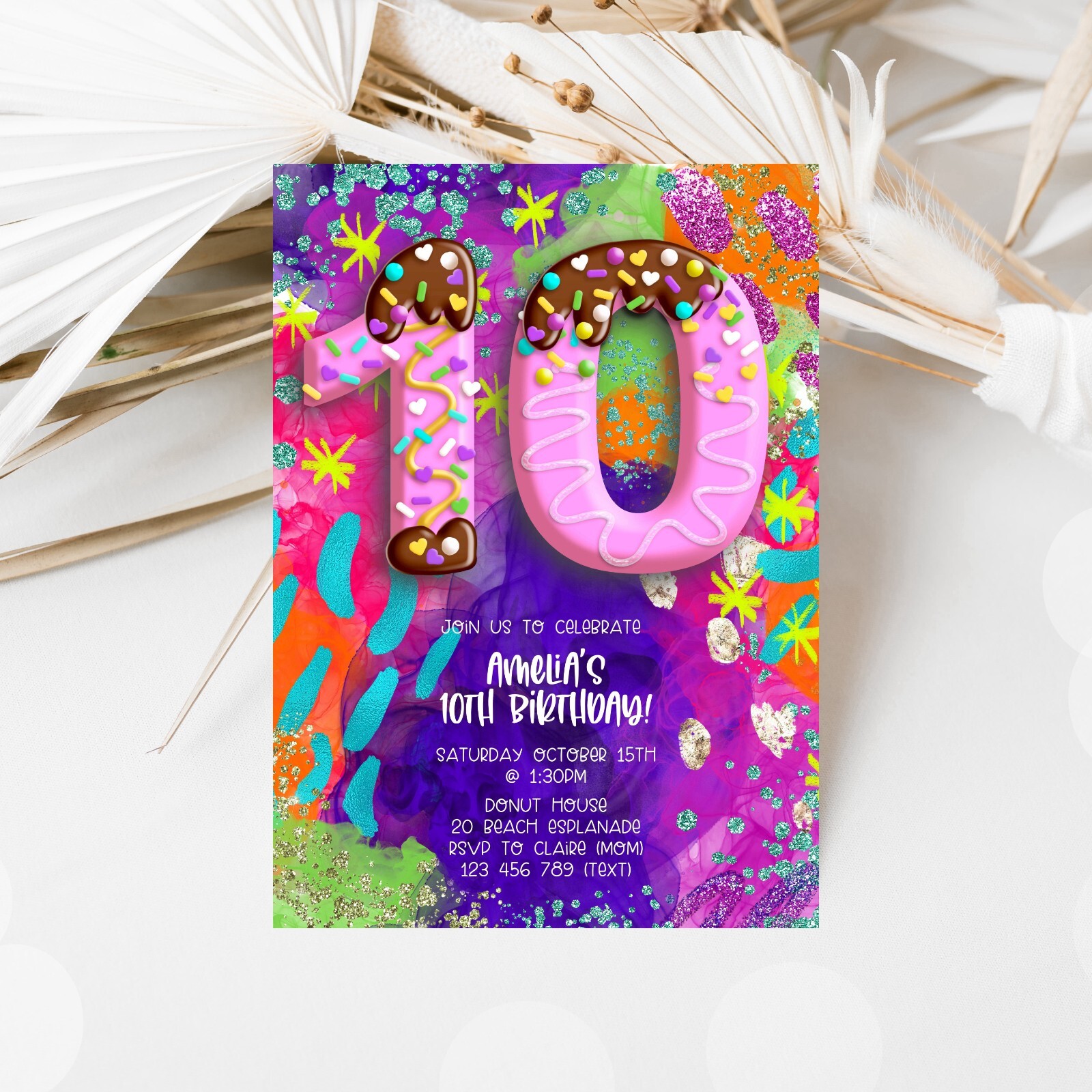 YOU PRINT, 10th Birthday Invitation, Painting Party, Donut Birthday Candy Invite