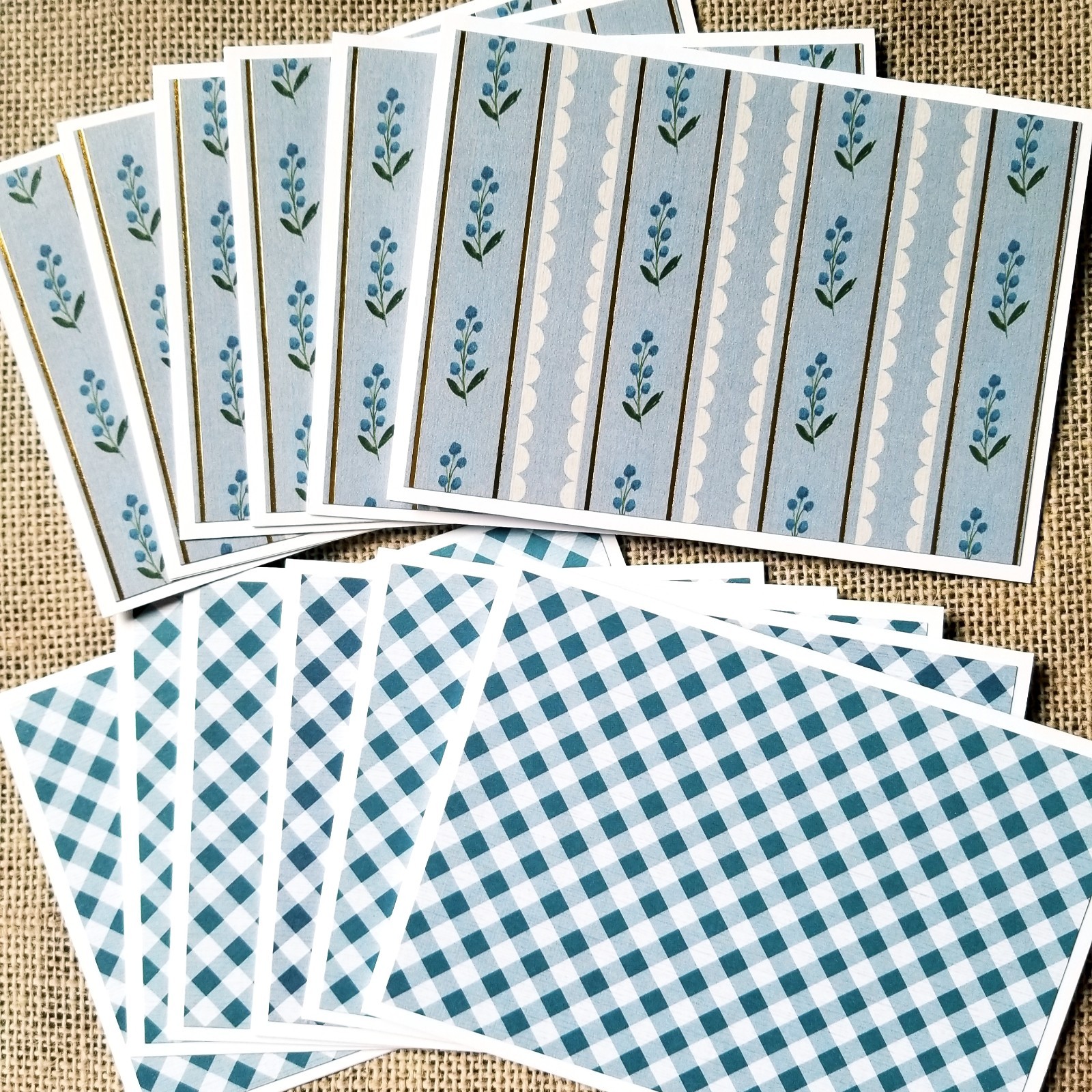 Country Blue Set of 12 Blank Note Cards Greeting Stationery Floral Gingham