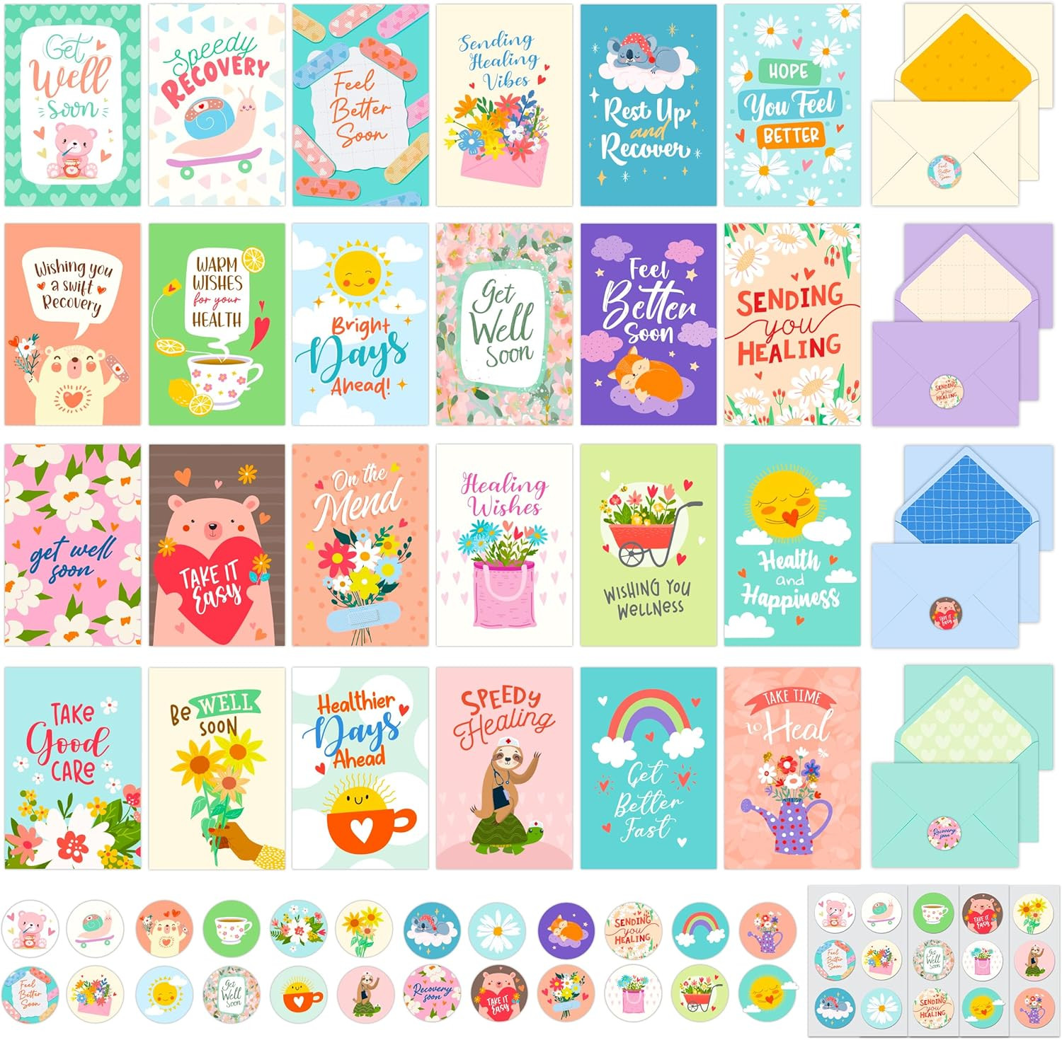 24 Pack 4X6In Cute Get Well Cards Assortment Box with Envelopes and Stickers, 24