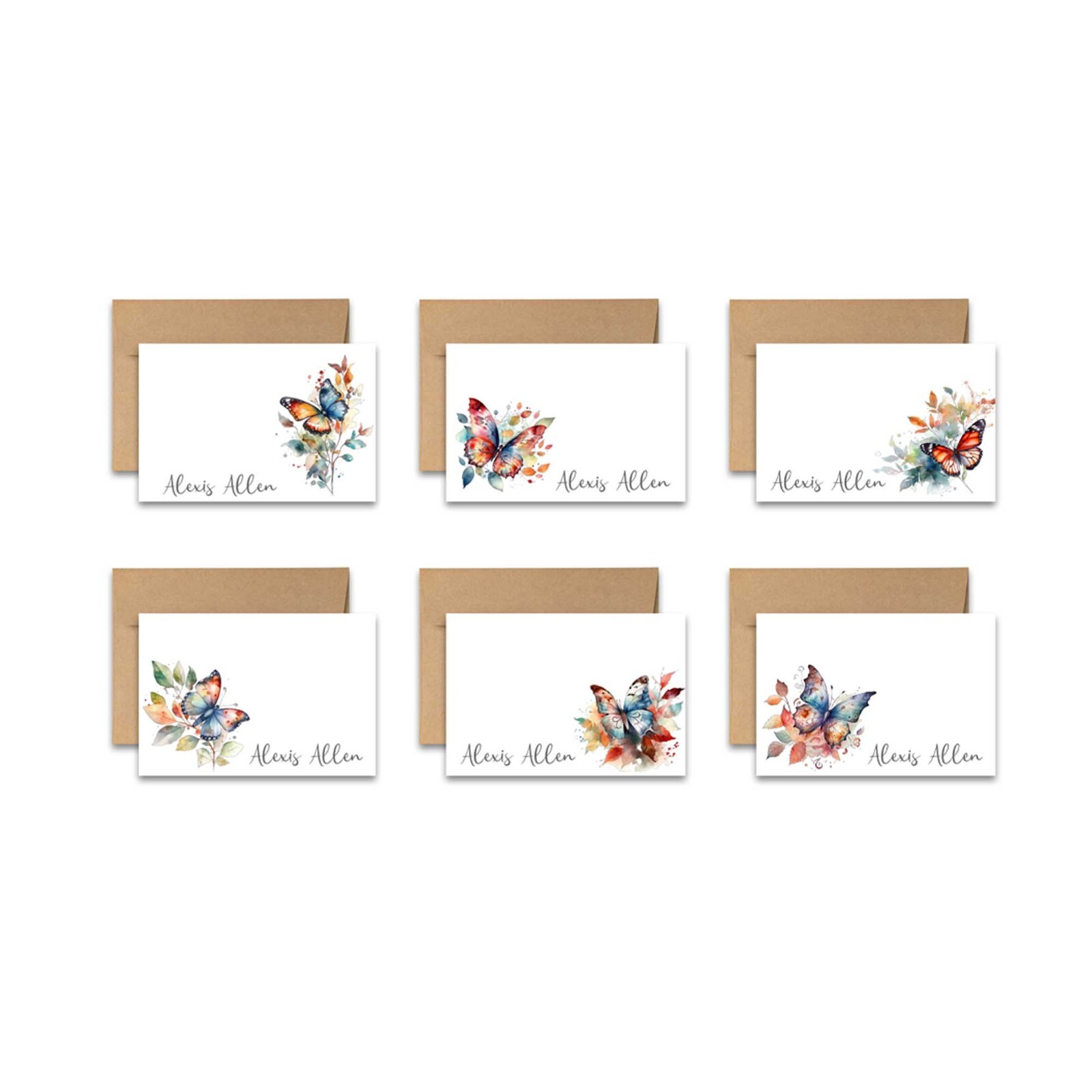 PERSONALIZED – 12 Flat Note card, Floral Stationery with Envelopes – Butterfly