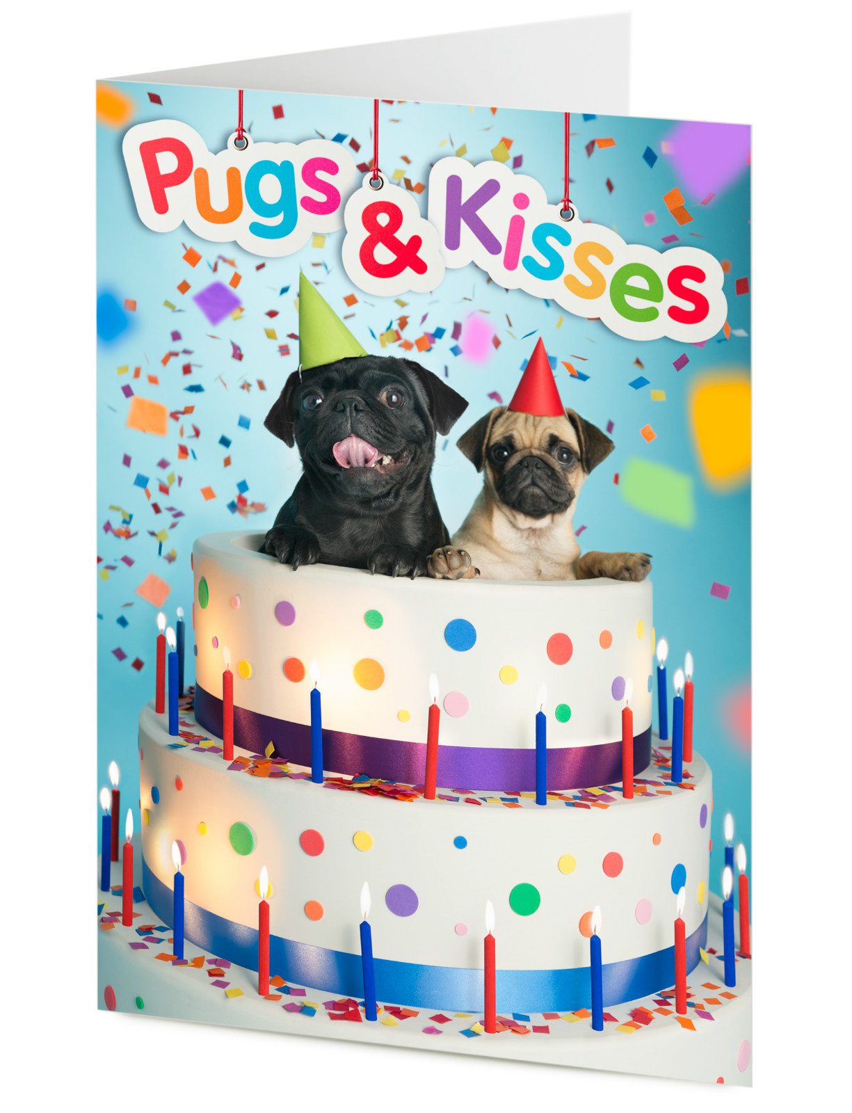 ‘Pugs & Kisses’ two pug dogs emerge from a cake Birthday, Mother’s day card