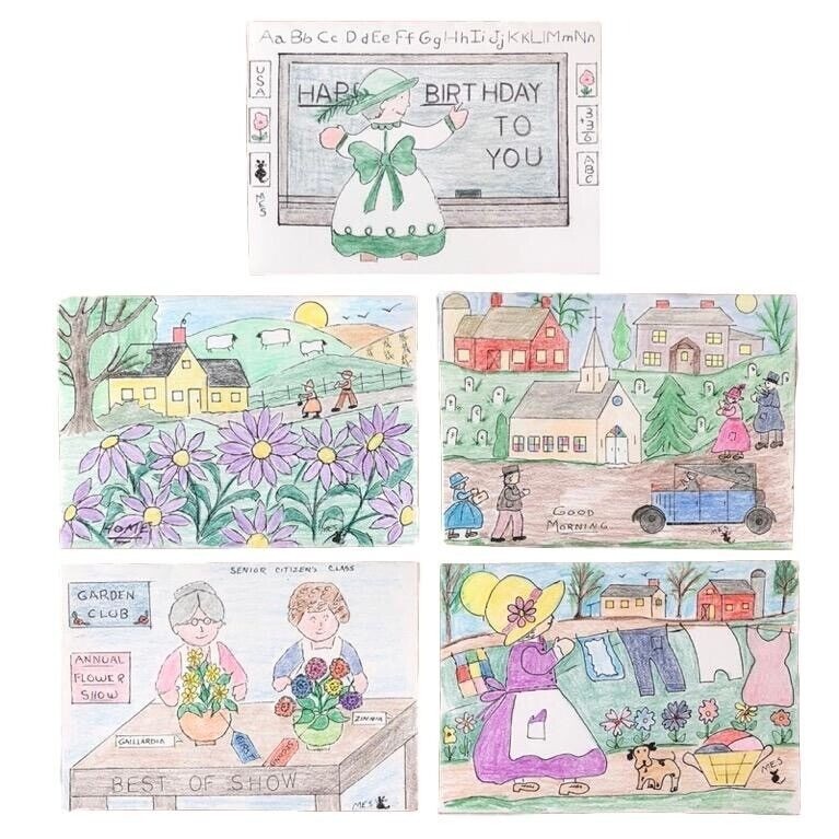 PA Folk Art Blank Cards Hand Made + Envelopes Farm Wash Birthday Family Life