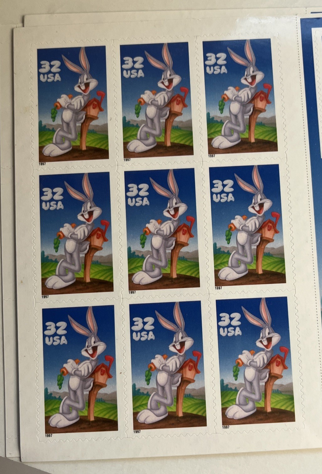 Pane of 10 Mint BUGS BUNNY STAMPS: Easter Bunny with a Carrot, For Easter Cards