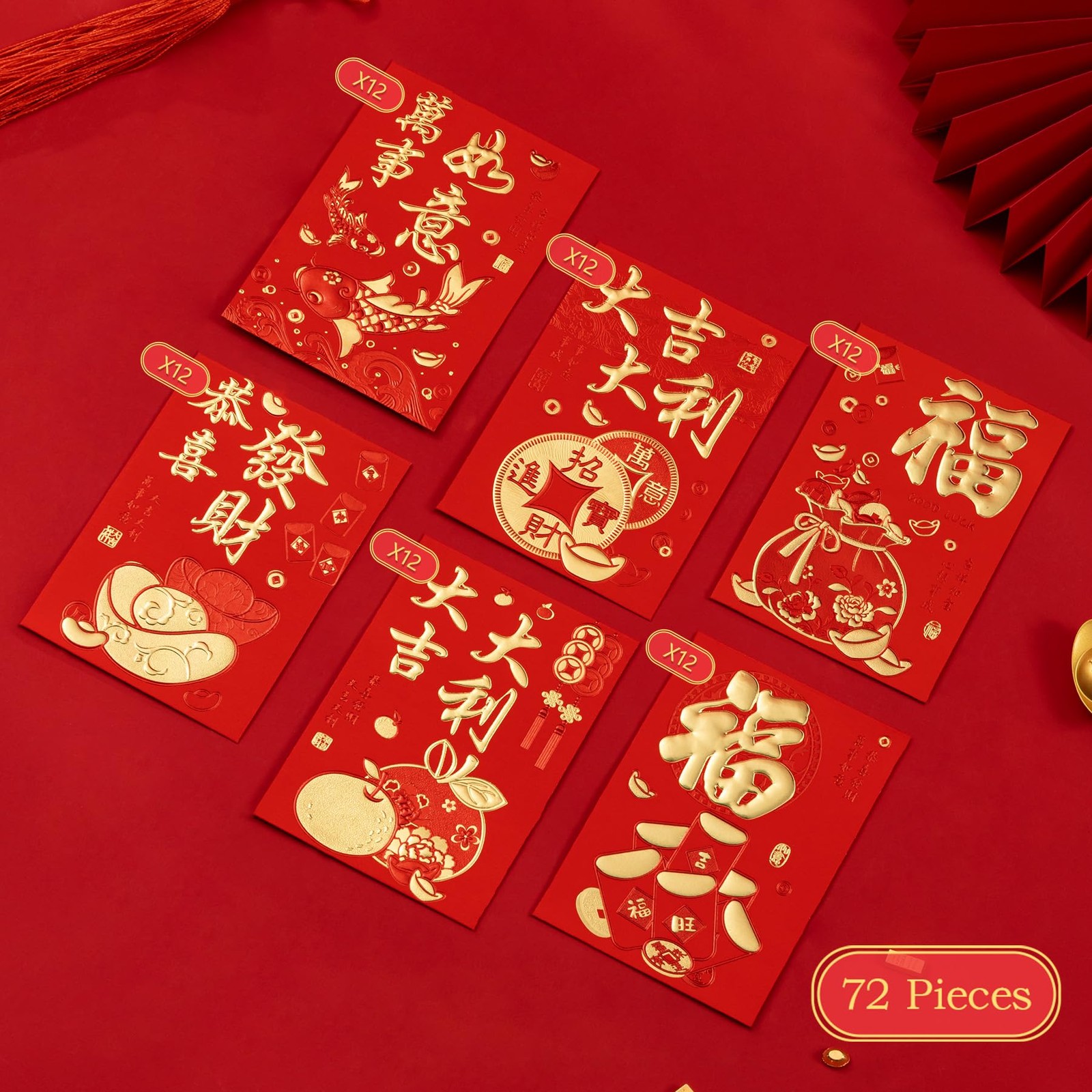 Red Envelopes 72pcs for Cash Chinese New Year – 6 Realistic Horse Designs