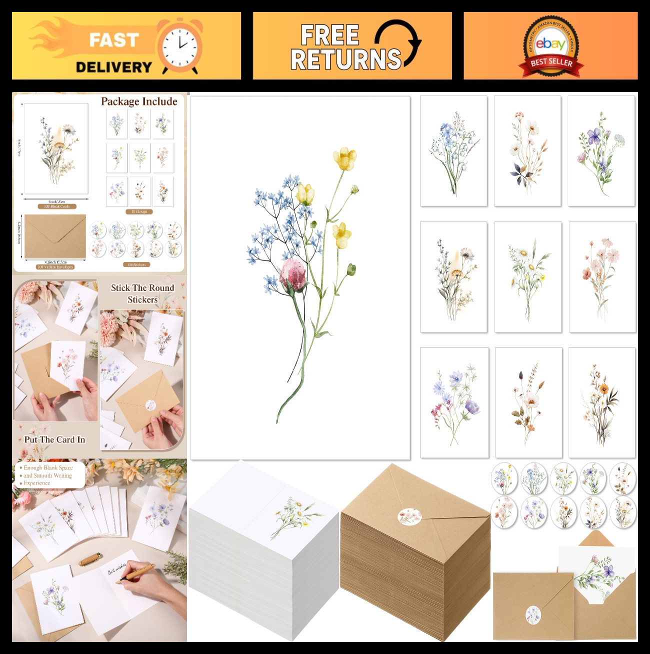 100 Pack Blank Greeting Cards & Envelopes 4×6 Floral Designs for All Occasions