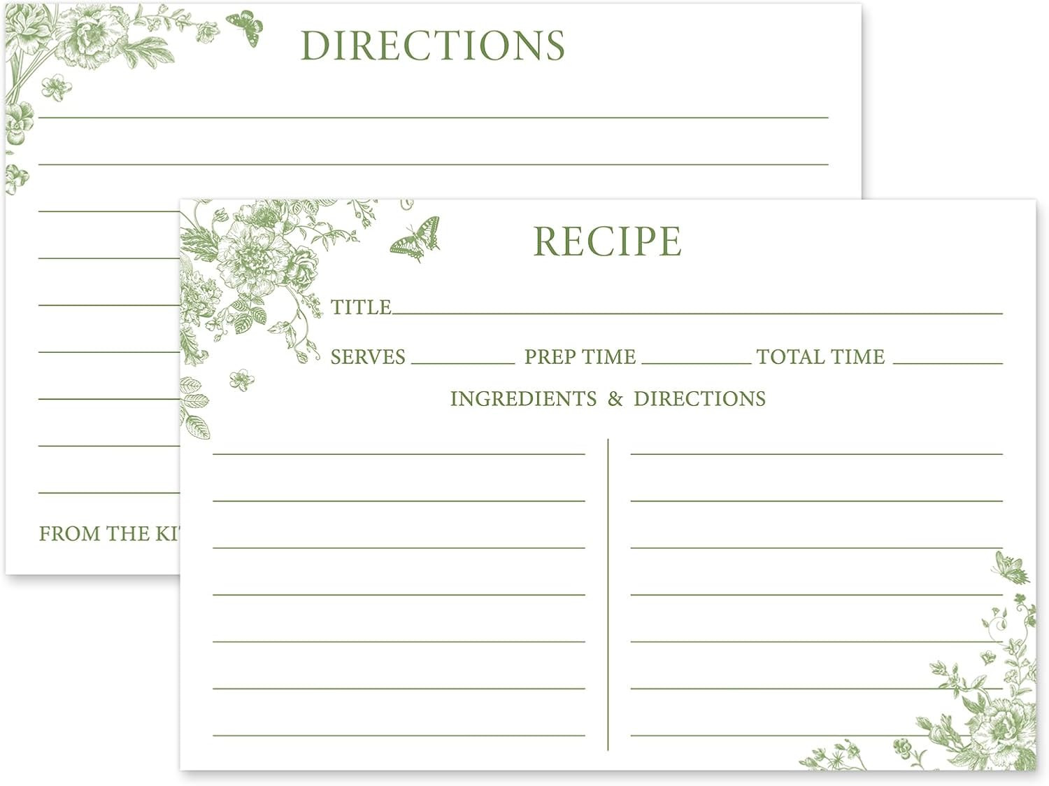 50Pcs Sage Green Floral Recipe Cards Double-Sided Green Flower Butterfly Blank R