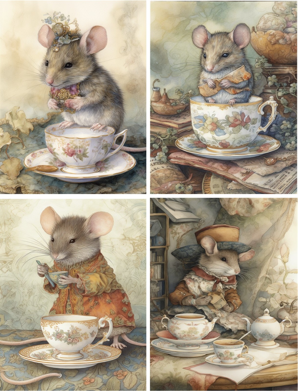 Mice Mouse Vintage Victorian tea Cups 8 glossy blank Note Cards with Envelopes