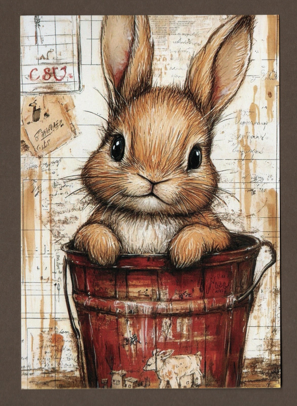 Rustic Brown Bunny Rabbit Mini Art Print or Postcard 5.5″ Easter, In Red Bucket
