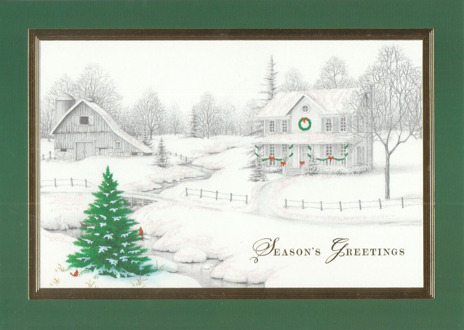 Christmas Tree Old Barn House Snow Covered Trees Gold Foil Letter Greeting Cards