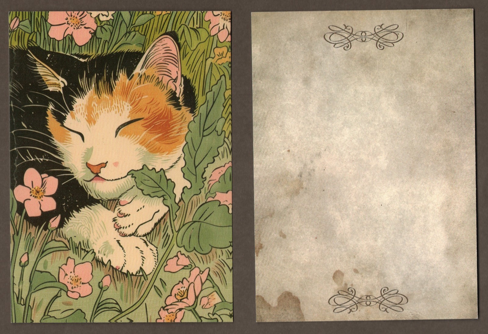 Calico Kitty Cat Mini Art Print or Postcard, Floral 5.5″ x 4″ Napping in Flowers